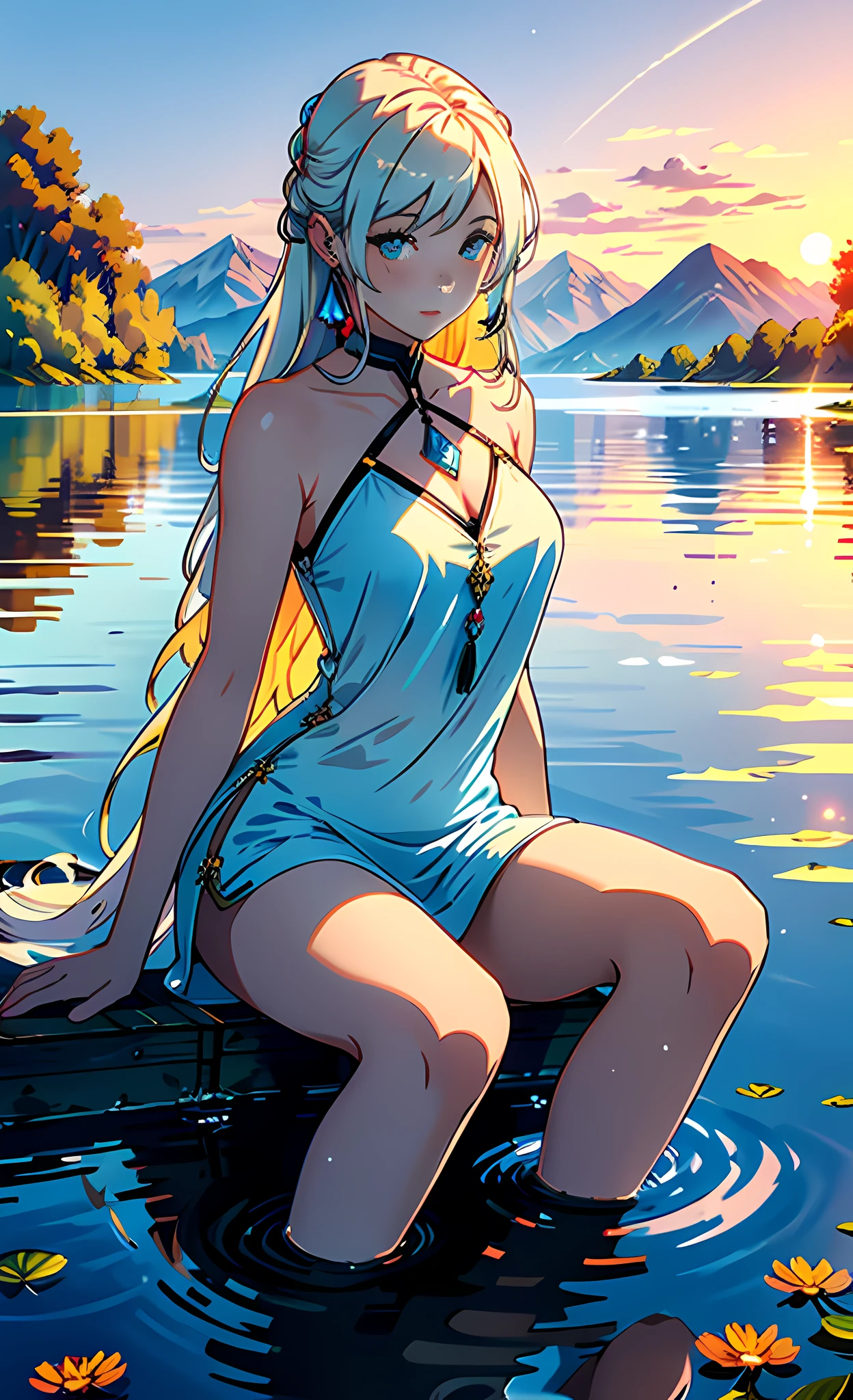 1 girl, serene expression, mesmerizing eyes, straight long hair, flowing dress, poised posture, porcelain skin, subtle blush, crystal pendant
BREAK
golden hour, (rim lighting):1.2, warm tones, sun flare, soft shadows, vibrant colors, painterly effect, dreamy atmosphere
BREAK
scenic lake, distant mountains, willow tree, calm water, reflection, sunlit clouds, peaceful ambiance, idyllic sunset, ultra detailed, official art, unity 8k wallpaper
, zentangle, mandala