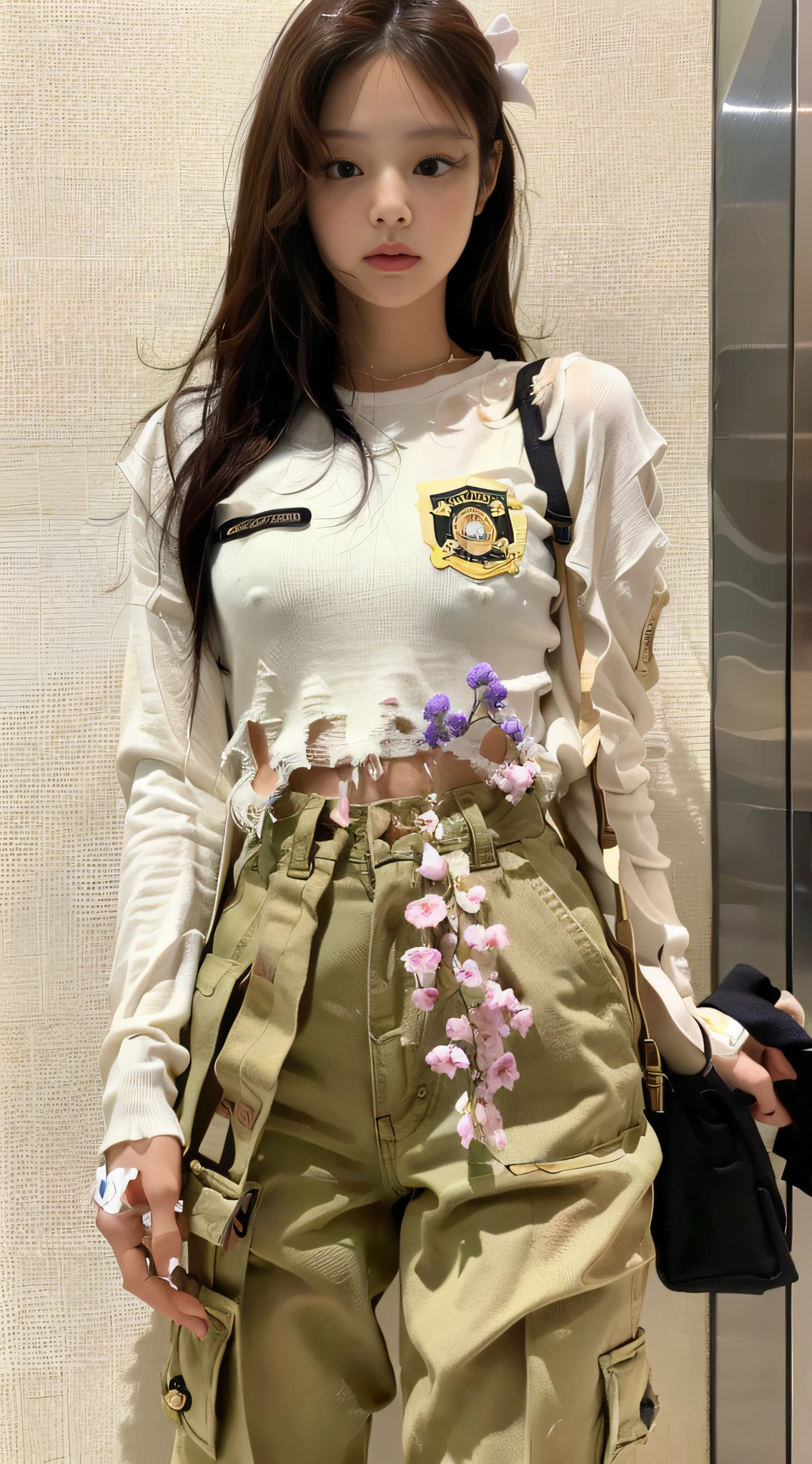 (1girl:1.3), solo, __body-parts__, Kim Ji-ni Jennie face, wearing white T-shirt, vintage, khaki loose floral sweater, cute, khaki pants, badge decoration, background solid color interior