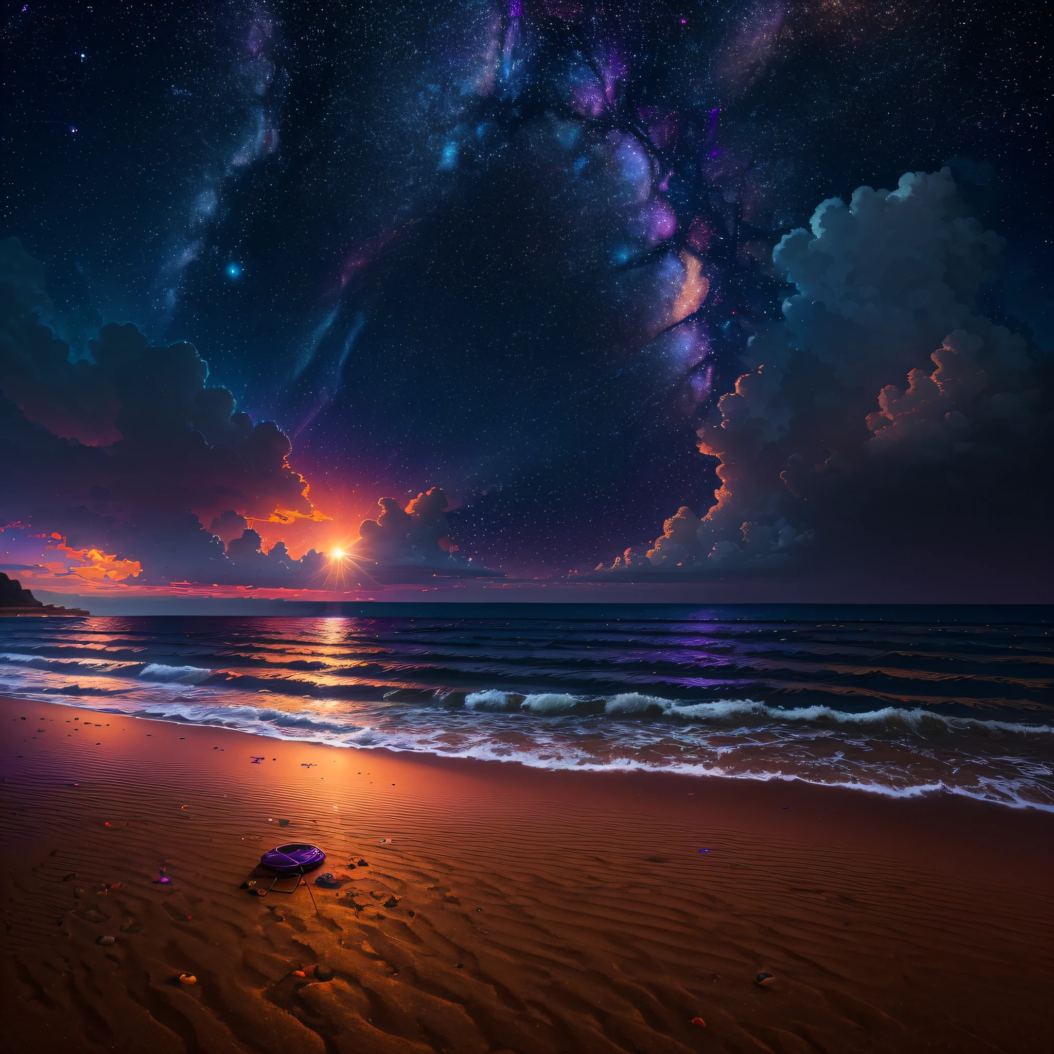 (masterpiece, best quality:1.4), cinematic light, colorful, high contrast, neon, sky, sunlight, space, beach, wave, no people, expansive landscape photography, (a view from below that shows the sky above and the sea below use a lot of purple and orange, details, warm colors and vibrant Japanese anime style, with shells in the sand, beautiful sky, colorful sunset,  hills around, stars in the sky and few nunvens, with a sea platform --auto --s2