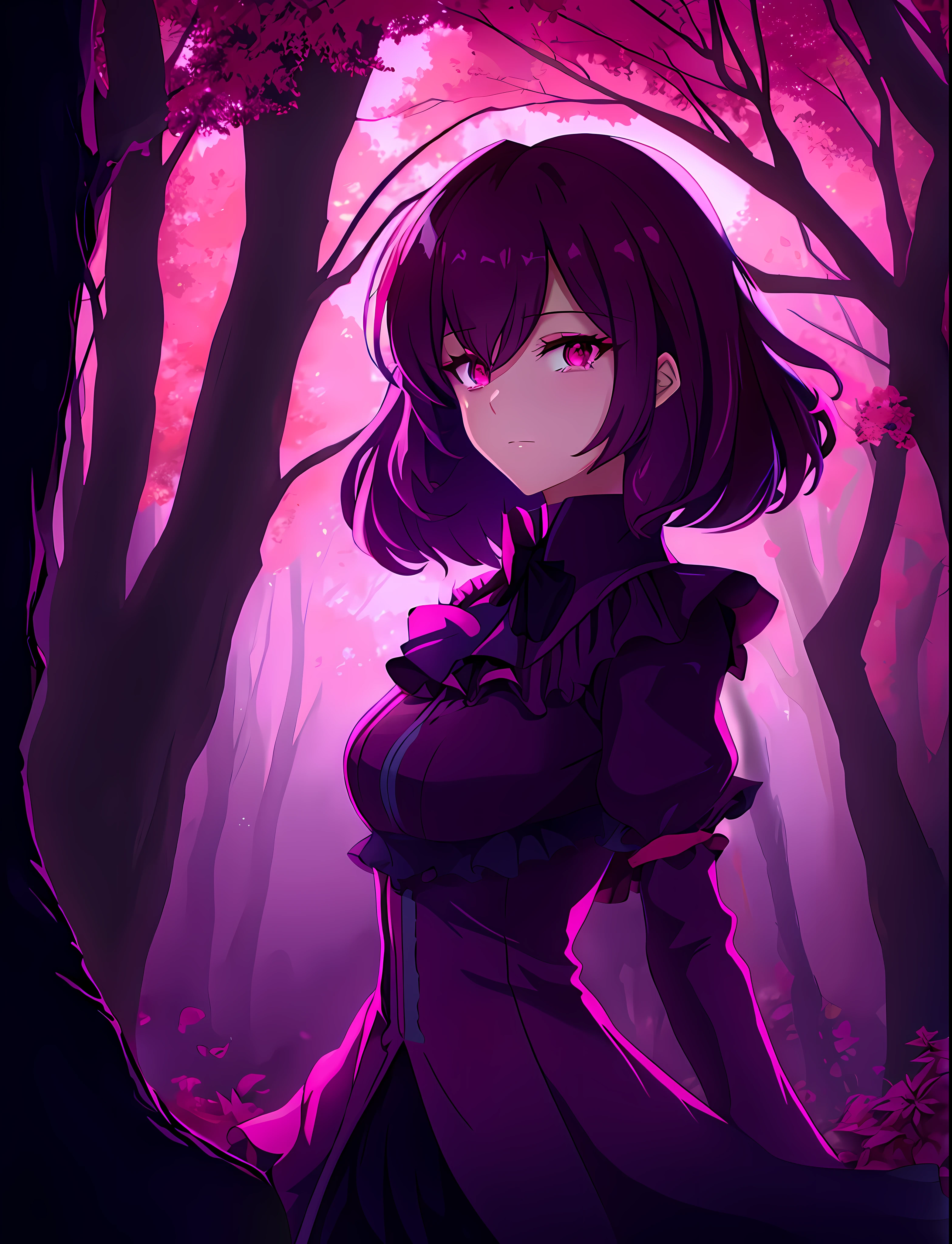 anime girl in a dark forest with a pink light, anime lush john 8k woods, portrait gapmoe yandere grimdark, shalltear from overlord, gapmoe yandere grimdark, demon anime girl, anime art wallpaper 8 k, beautiful anime art style, shalltear bloodfallen, anime girl wearing a black dress, digital anime illustration --auto --s2