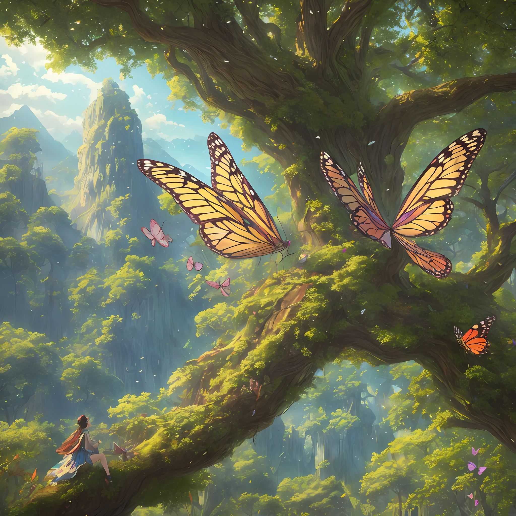 A huge beautiful butterfly sits on a huge tree that grows above the planet, fantasy world style, cinematic lighting, ray tracing, three sided view, high detail, rococo style, Surrealism, UHD, anatomically correct, textured skin, super detail, high quality, 4K --auto --s2