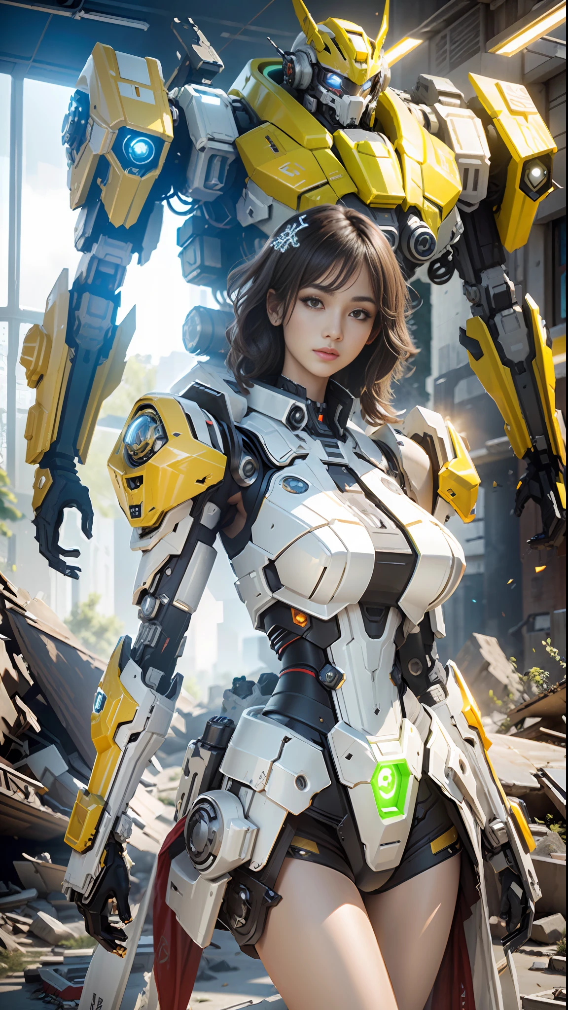 ((Best quality)), ((masterpiece)), (highly detailed:1.3), 3D,Shitu-mecha, beautiful cyberpunk women with her mecha in the ruins of city from a forgoten war, ancient technology,HDR (High Dynamic Range),Ray Tracing,NVIDIA RTX,Super-Resolution,Unreal 5,Subsurface scattering,PBR Texturing,Post-processing,Anisotropic Filtering,Depth-of-field,Maximum clarity and sharpness,Multi-layered textures,Albedo and Specular maps,Surface shading,Accurate simulation of light-material interaction,Perfect proportions,Octane Render,Two-tone lighting,Low ISO,White balance,Rule of thirds,Wide aperature,8K RAW,Efficient Sub-Pixel,sub-pixel convolution,luminescent particles,light scattering,Tyndall effect