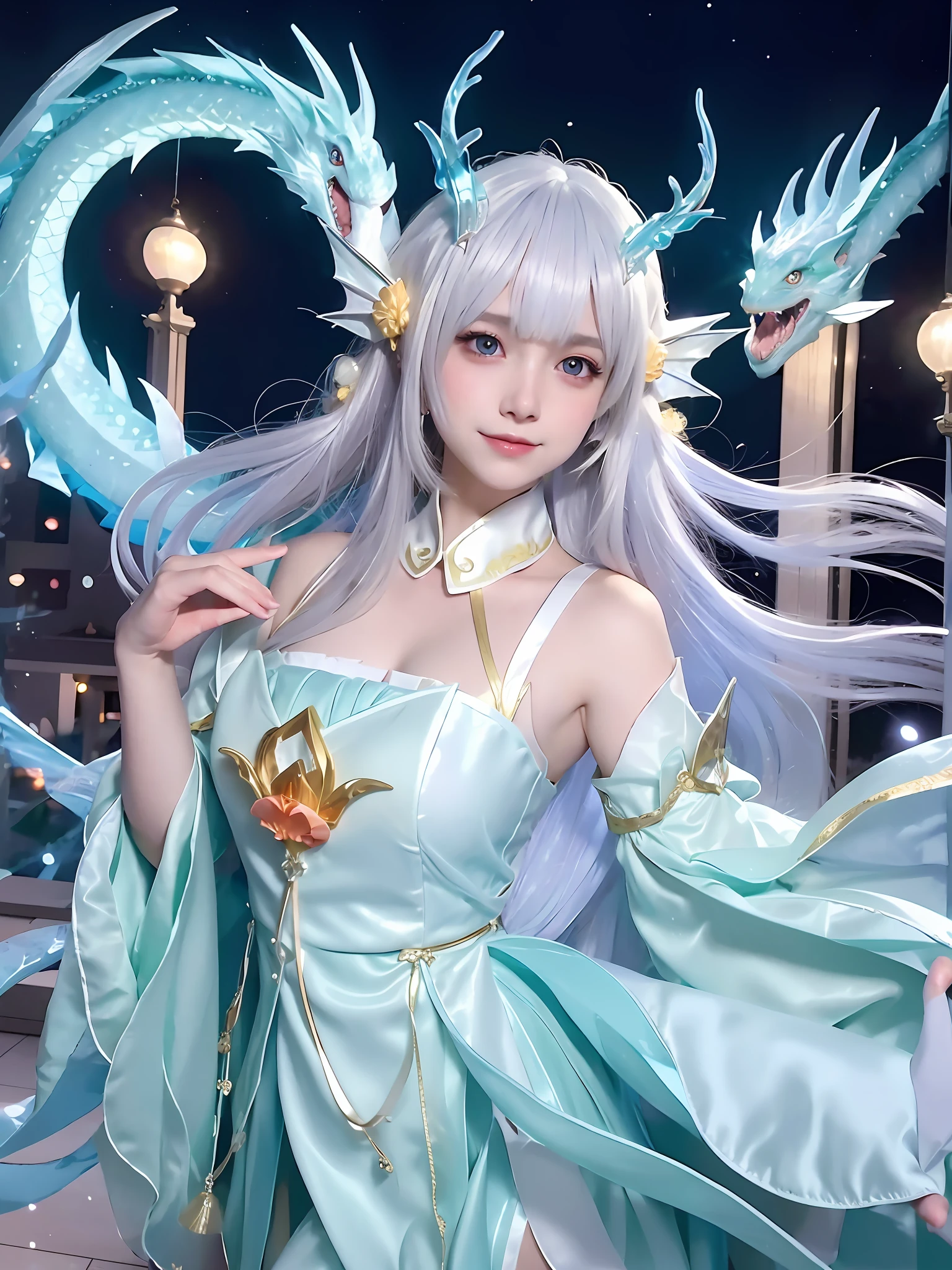 An image in anime style, a woman in a blue dress and a dragon headgear, a dragon, a white-haired god, a full body fairy, dragon girl portrait,