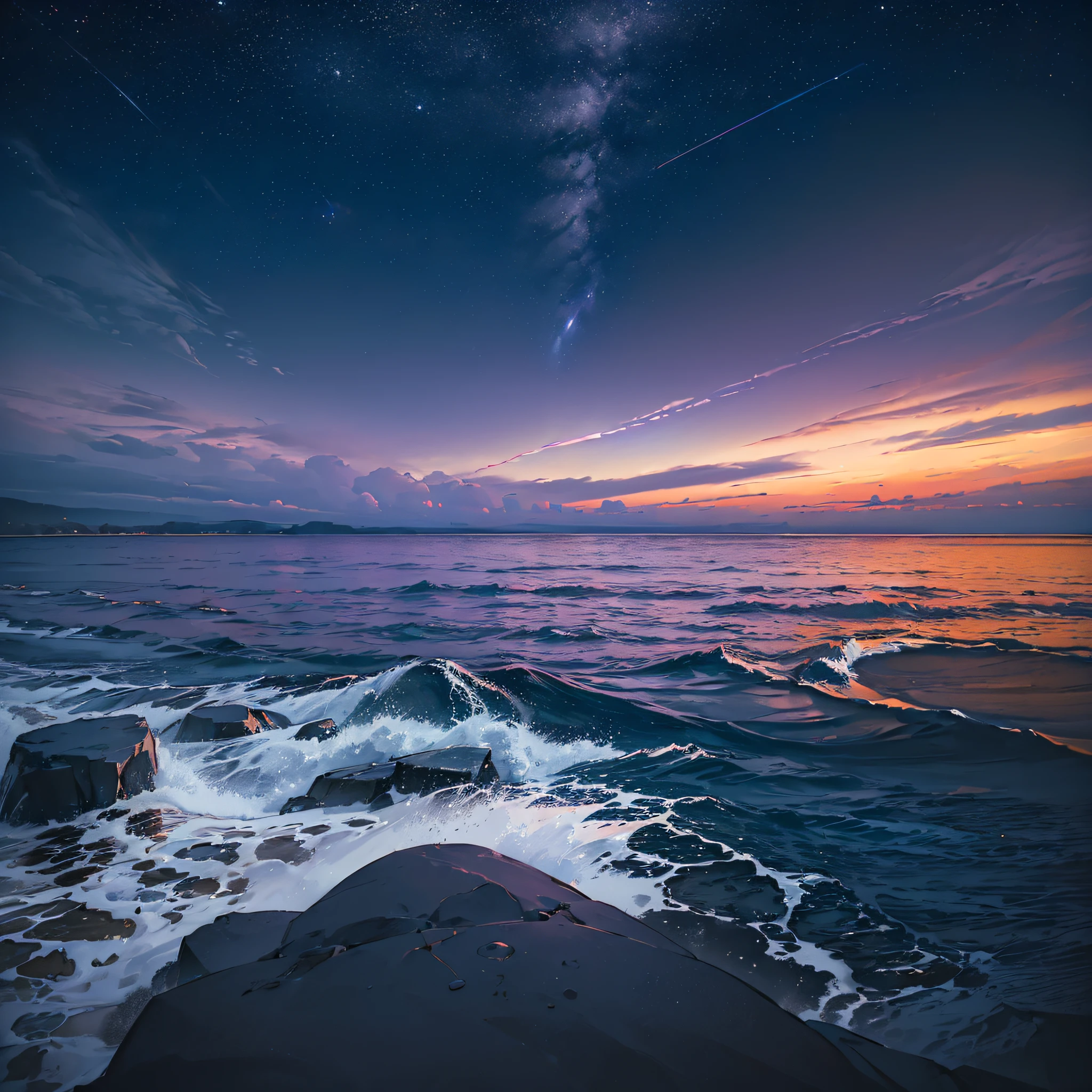 (masterpiece, best quality:1.4), cinematic light, colorful, high contrast, neon, sky, sunlight, space, stars at night, beach, wave, no people, expansive landscape photography, (a view from below that shows the sky above and the sea below use very purple and orange, at night, details, with a sea platform --auto --s2