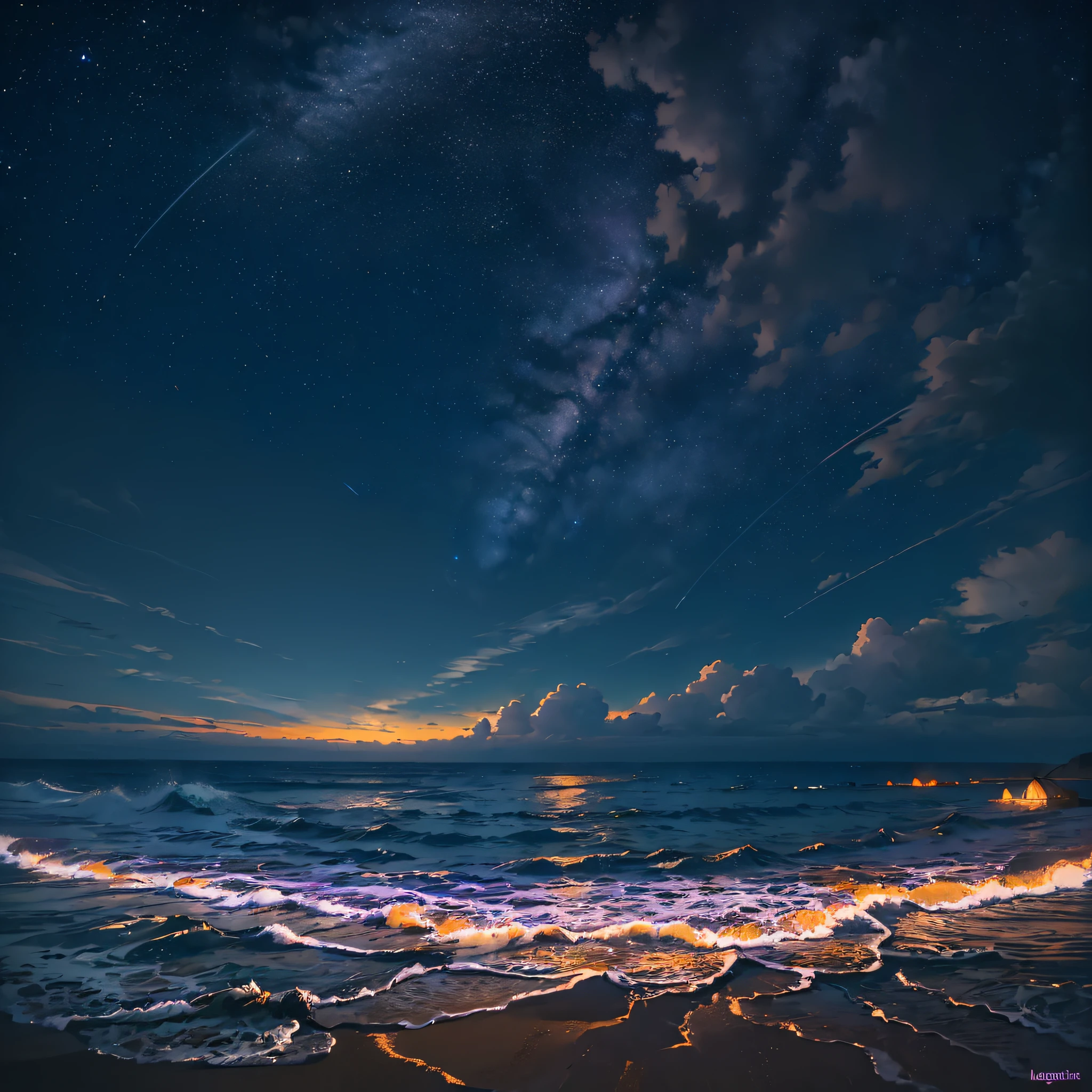 (masterpiece, best quality:1.4), cinematic light, colorful, high contrast, neon, sky, sunlight, space, stars at night, beach, wave, no people, expansive landscape photography, (a view from below that shows the sky above and the sea below use very purple and orange, at night, details, with a sea platform --auto --s2