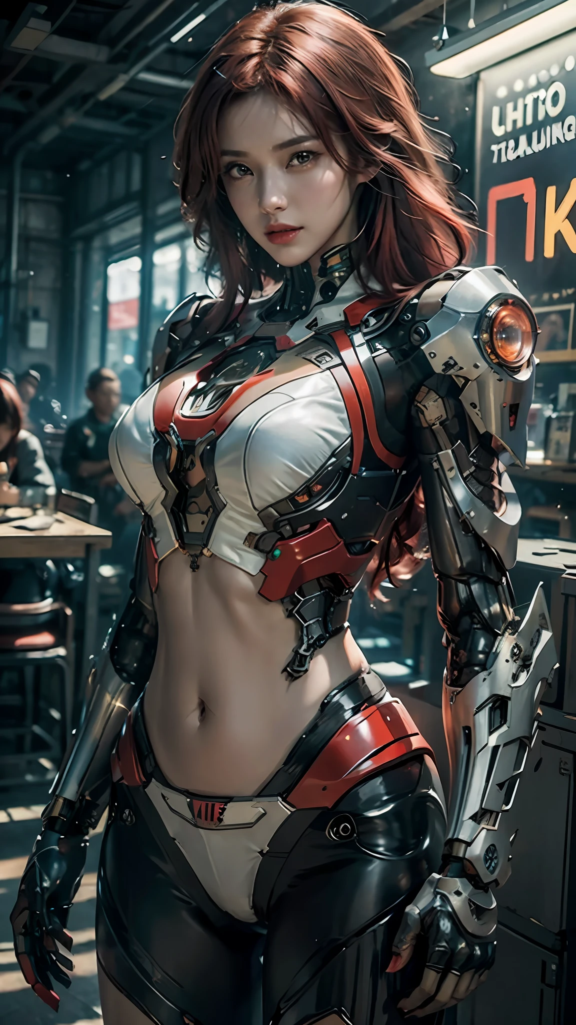((Masterpiece, Best Quality)), illustration, Ultra Detailed 8K, Realistic, Clear Focus, Highly Detailed, Professional Lighting, Colorful Detail, Rainbow Color Break, Factory Long Shot, Large Mechanical Robot Structure, Microchip, Computer, ((Glow)), Intricate Detail, Shitu-Mecha, 1girl, Mecha, Belly Navel, Color Picture, (Cyberpunk), (Crimson Hair: 1.2)