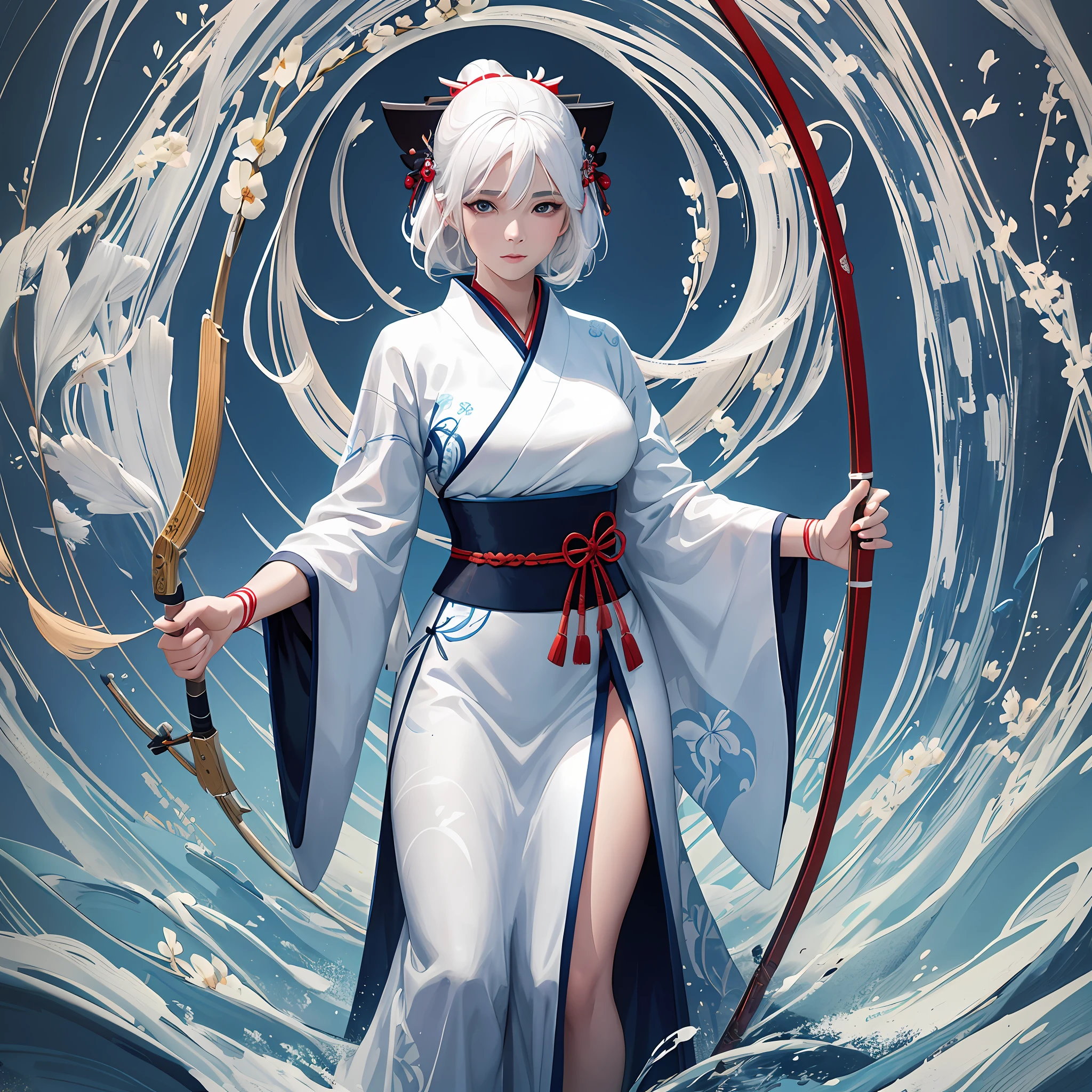 Woman in her 30s with white hair and wearing a white kimono standing with a bow and arrow in a deep blue river, ennui expression, left hand is a prosthetic hand, ultra-precision, ultra-high image quality, thick illustration in Chinese style, full body