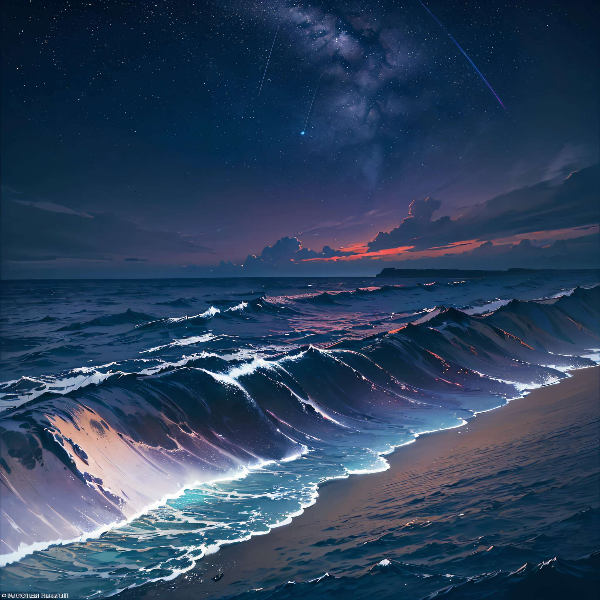 (masterpiece, best quality:1.4), cinematic light, colorful, high contrast, neon, sky, sunlight, space, stars at night, beach, wave, no people, expansive landscape photography, (a view from below that shows the sky above and the sea below use very purple and orange, at night, details, with a sea platform --auto --s2