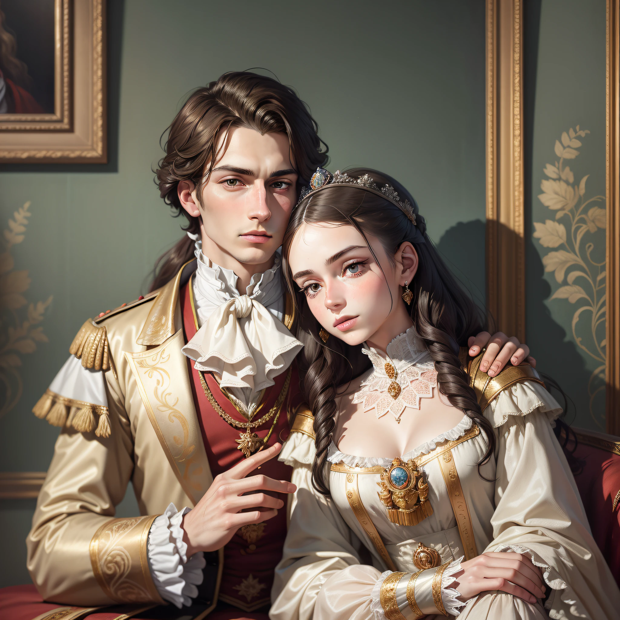 Art by Alexander Kucharsky,
portrait painting in the late 18th century style depicting aristocracy and royals with fine detailing in facial features, and clothing. soft color palettes that bring out the subtle textures and fabrics of the subjects’ attire. backgrounds usually have a simple and muted color scheme, allowing the focus to remain on the subject. The eyes are prominent and expressive.