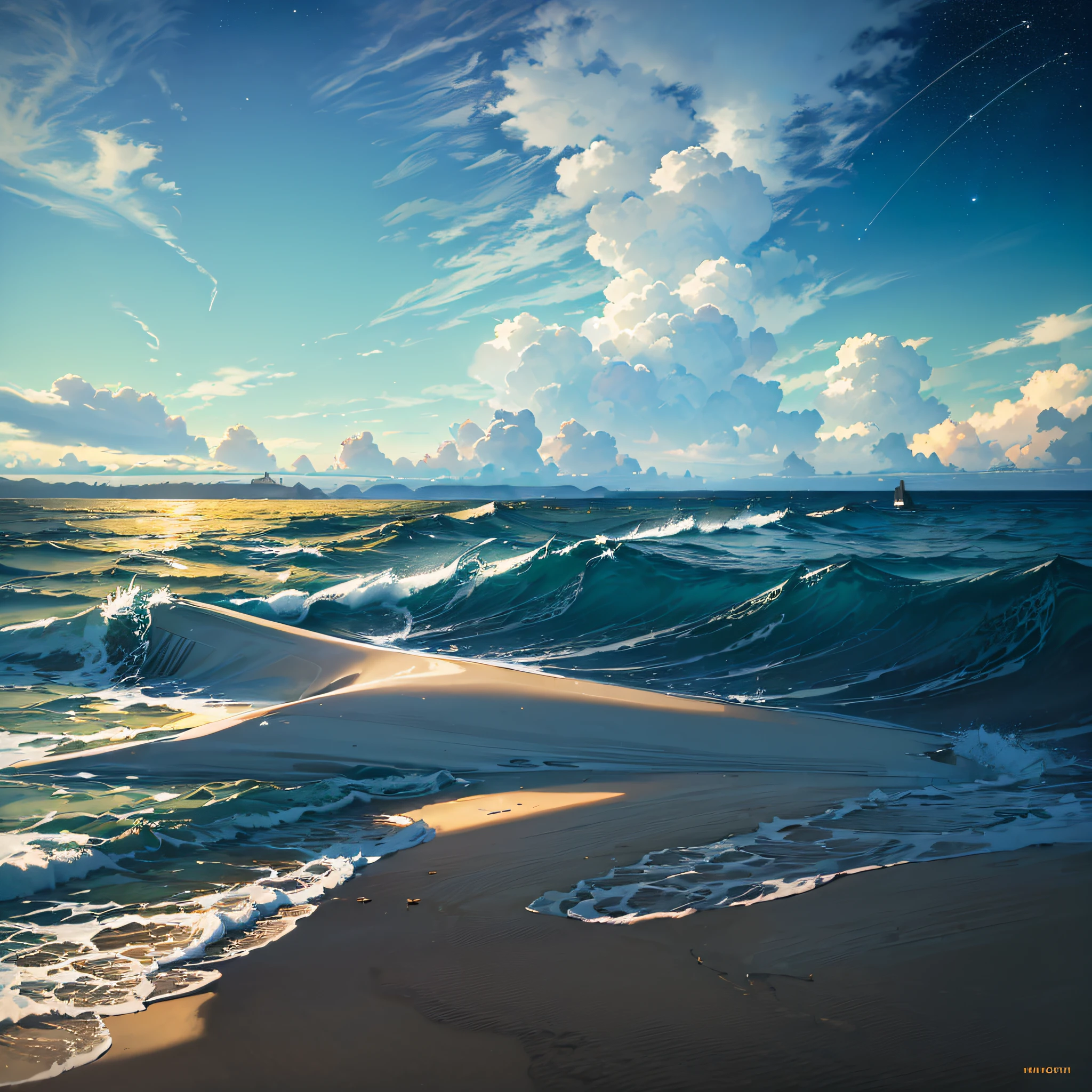 (masterpiece, best quality:1.4), cinematic light, colorful, high contrast, neon, sky, sunlight, space, stars at night, beach, wave, no people, expansive landscape photography, (a view from below that shows the sky above and the sea below use a lot of yellow and black green, at night, details, with a sea platform --auto --s2