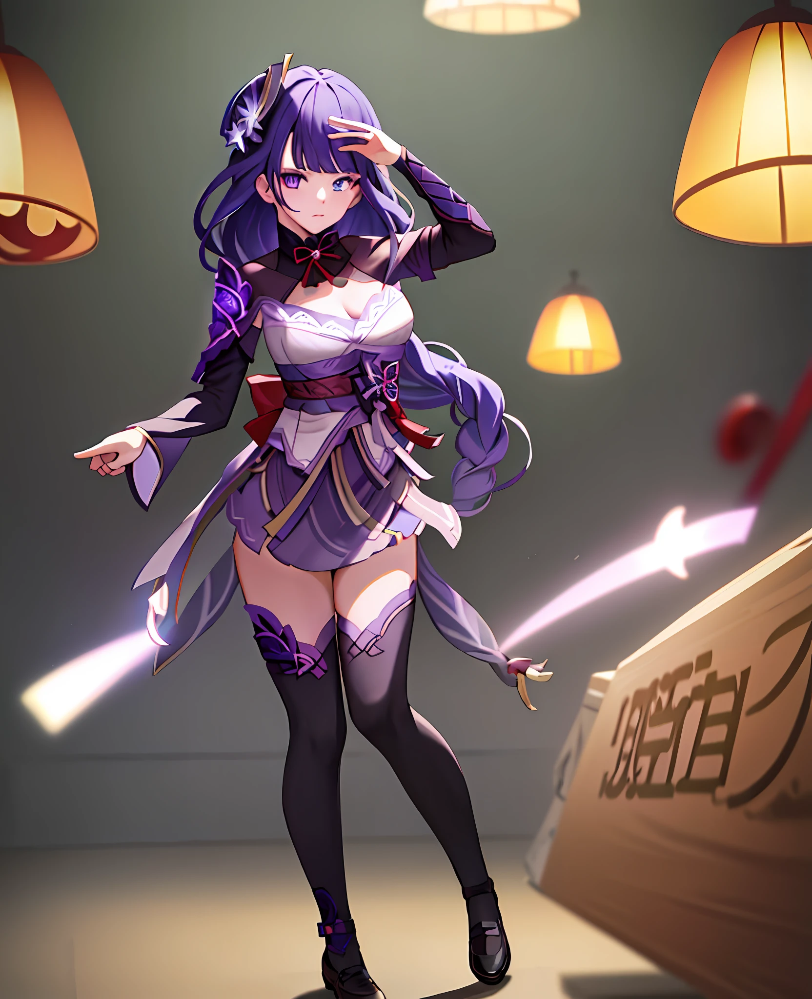 masterpiece, best quality, 1girl, solo, raiden_genshin, default_dress, wide sleeves, thighhighs, standing