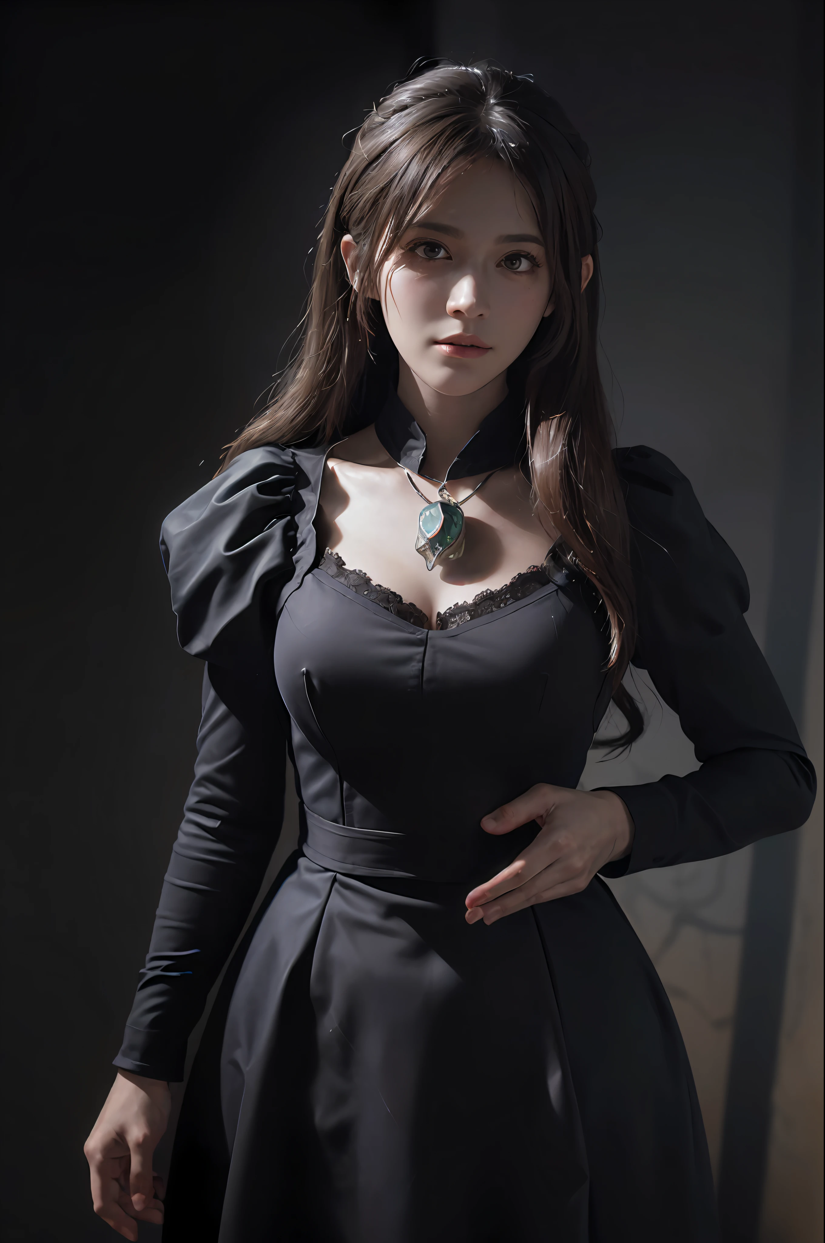(front focus), (in the dark:1.6), Hyperrealist portrait of female by david hockney and alphonse mucha, fantasy art, photo realistic, dynamic lighting, artstation, poster, volumetric lighting, very detailed faces, 4 k, award winning, 1girl, in the dark, deep shadow, low key, cowboy shot, (official clothing:1.4), long hair, white hair