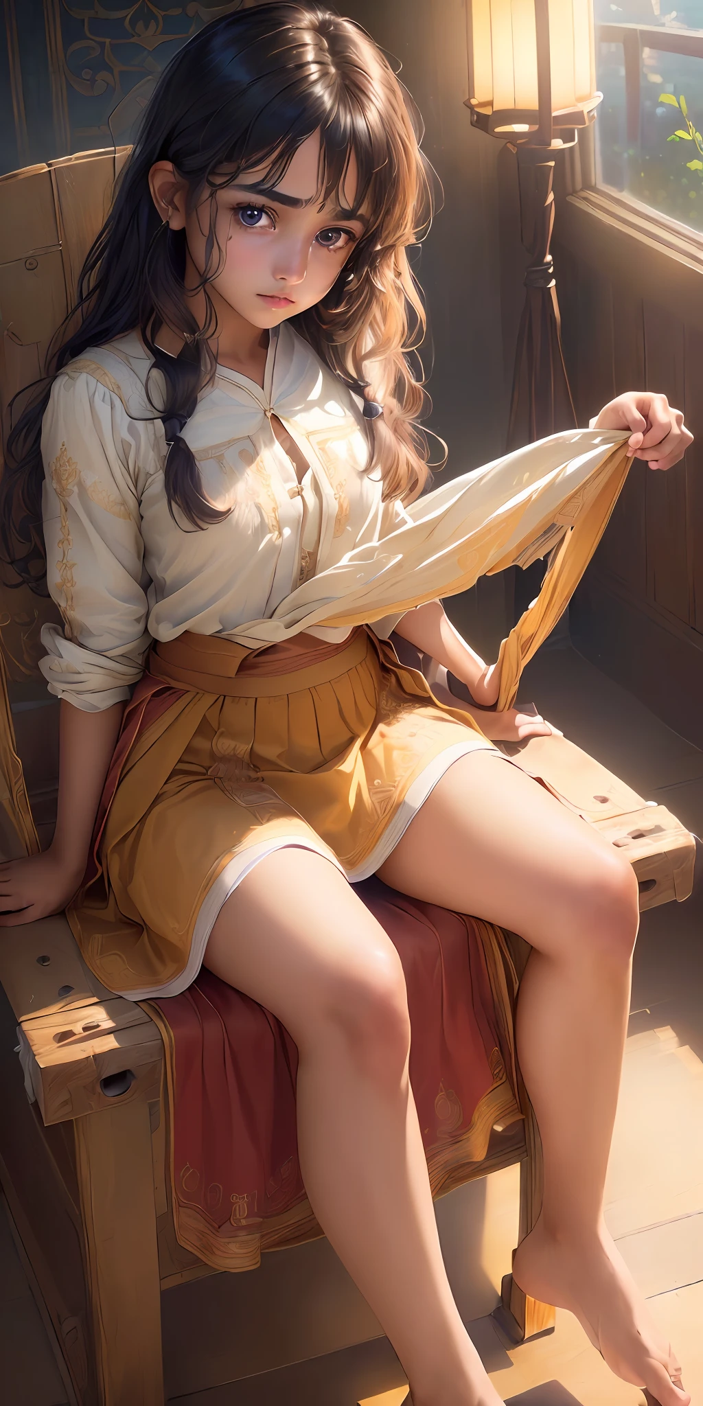 (extremely detailed CG unity 8k wallpaper:1.5),<(masterpiece:1.5), (best quality:1.7), high resolution illustration, (finely detailed eyes and detailed face:1.3), (detail:1.3, best quality, (ultra-detailed), (an extremely delicate and beautiful), (illustration), (painting),(masterpiece:1.5),cinematic light,dynamic angle,floating,sharp focus,(2d:1.7), (best quality:1.3),(illustration:1.1),((disheveled hair:1.2),(beautiful detailed eyes:1.1),(cinematic light:1.1), Indian girl, wearing a long, sitting on chair, holding skirt up, skirt lifting,