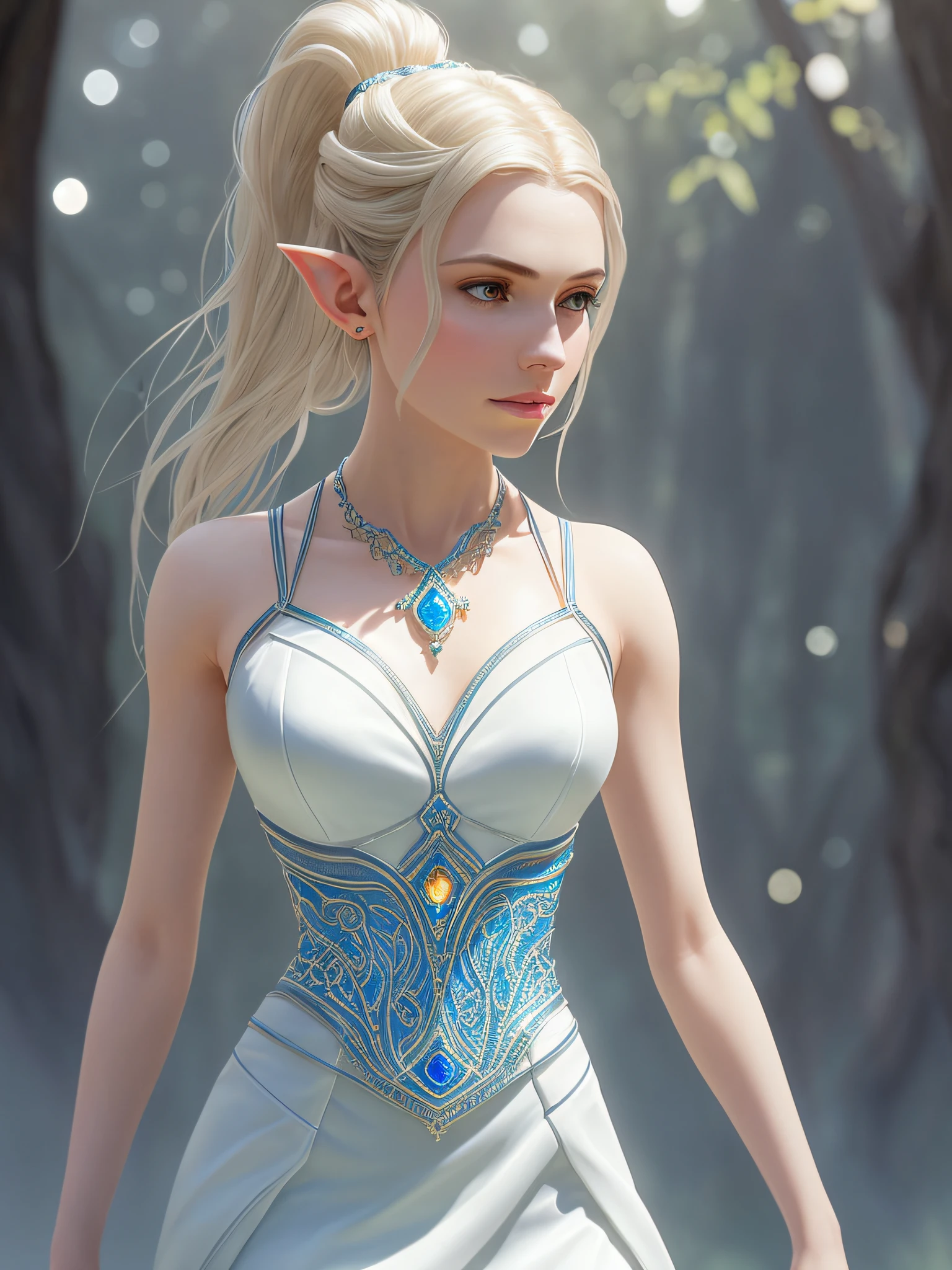 waist shot of a female elf, intricate, slender face, elegant, wearing sapphire necklace, white light dress with straps, facing camera, highly detailed, digital painting, artstation, concept art, smooth, sharp focus, illustration, art by artgerm and greg rutkowski and alphonse mucha, 8k, volumetric fog, bloom, light rays, lumen, cranked bokeh
