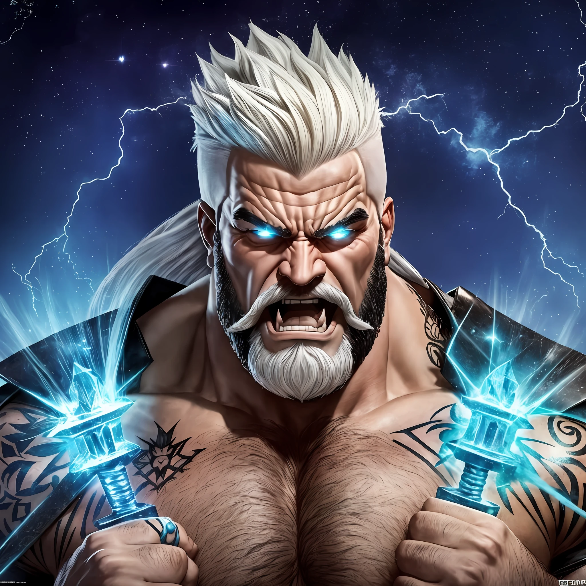 Castelo medieval Village, Gigantic Muscle Man, Shaved White hair, beard, BLUE Glowing tattoos, Angry, rage, berserk, Power, screaming, destroing céu noite, lua cheia, realista, Full HD, melhor qualidade