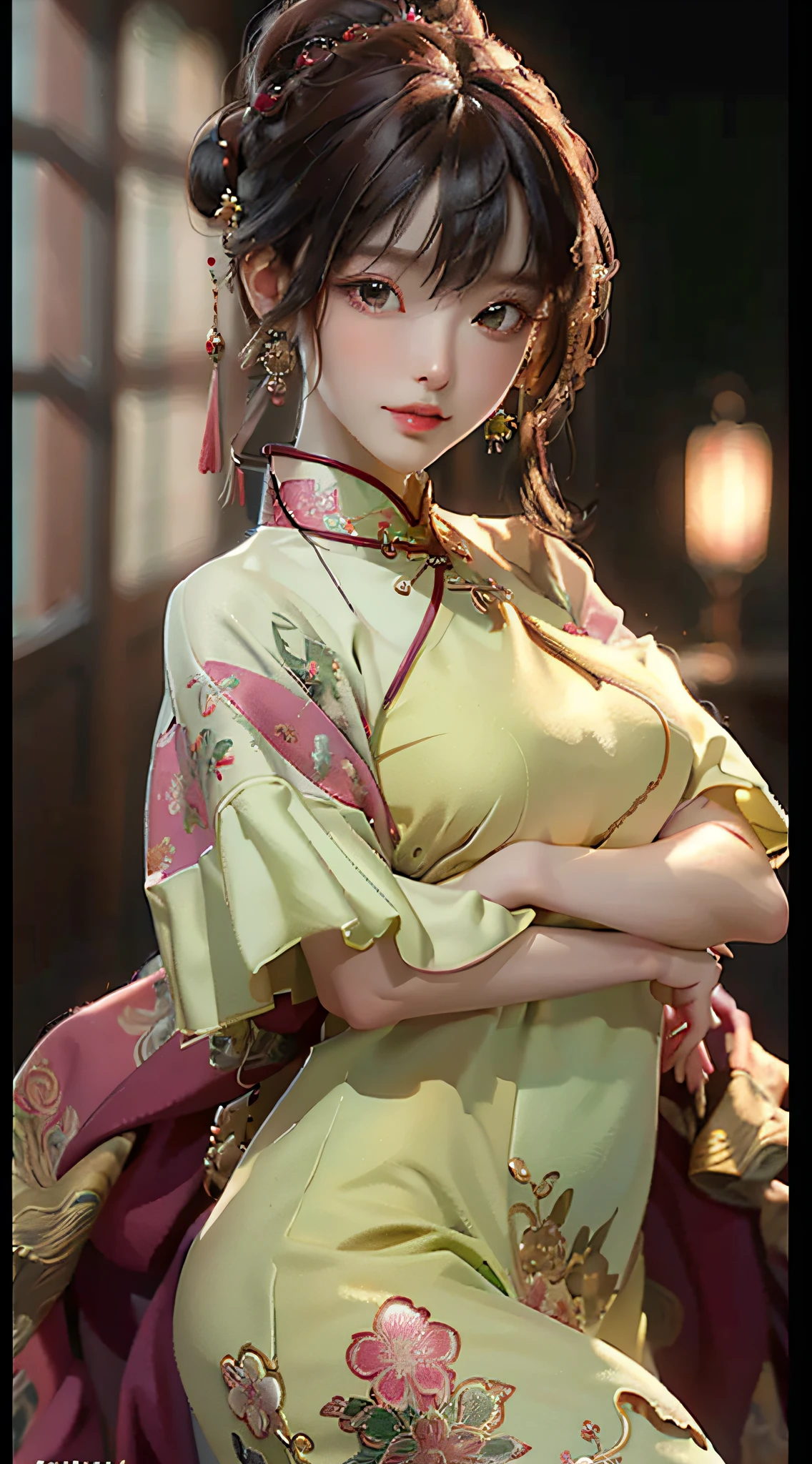Top Quality, Masterpiece, High Resolution, 1girl, Cheongsam, Hair Ornament, Necklace, Jewelry, Beautiful Face, upon_body, Tyndall Effect, Photorealistic, Dark Studio, Rim Lighting, Two-Tone Lighting, (High Detail Skin: 1.2), 8K UHD, DSLR, Soft Lighting, High Quality, Volumetric Lighting, Candid, Photo, High Resolution, 4K, 8K , Bokeh,,