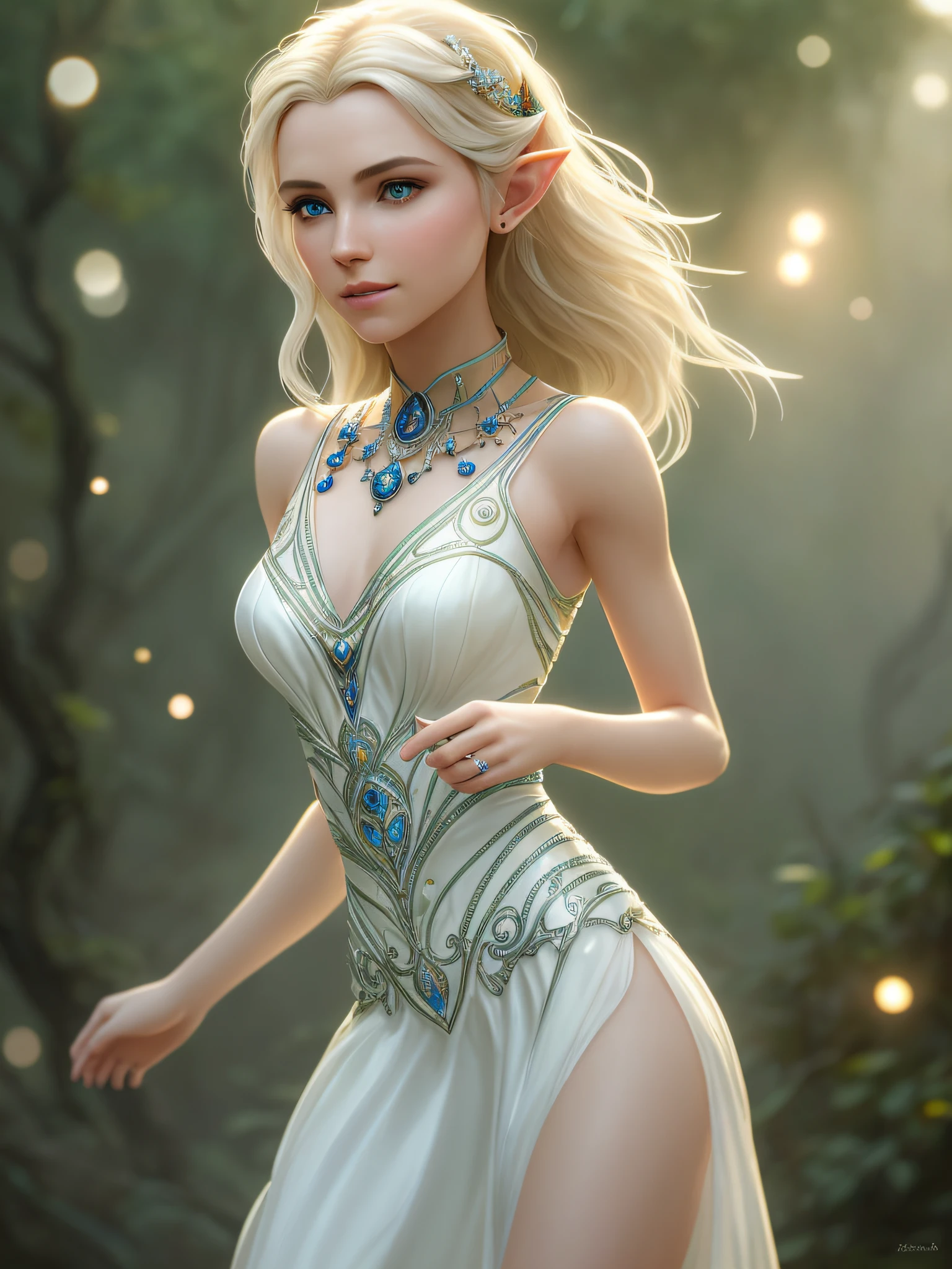 waist shot of a female elf, intricate, slender face, elegant, wearing sapphire necklace, white light dress with straps, facing camera, highly detailed, digital painting, artstation, concept art, smooth, sharp focus, illustration, art by artgerm and greg rutkowski and alphonse mucha, 8k, volumetric fog, bloom, light rays, lumen, cranked bokeh