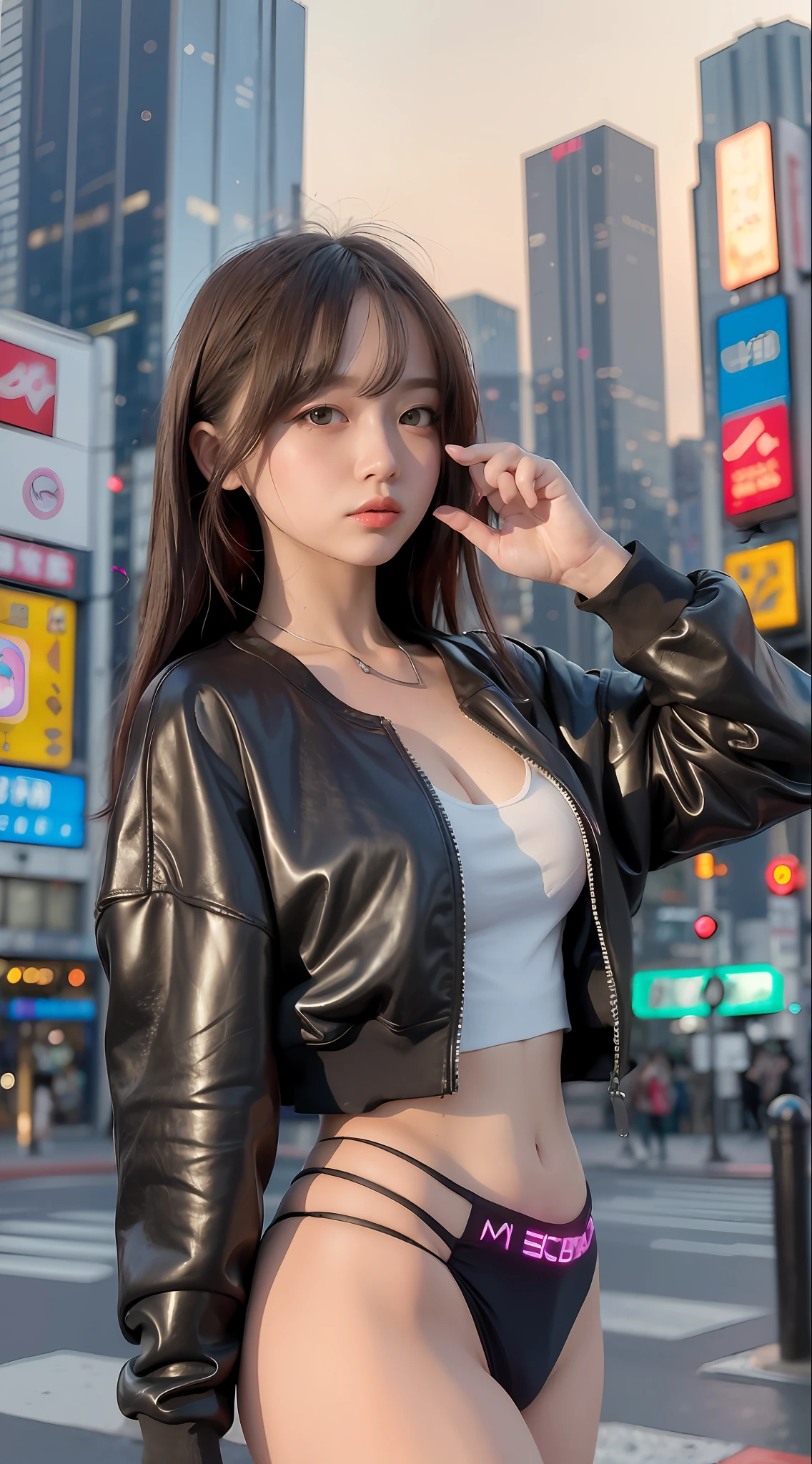 (best quality, masterpiece1.2), (detailed eye:1.2), complex detail, depth of field, 1girl, city, cyberpunk, neon, neon lights, night, moon,