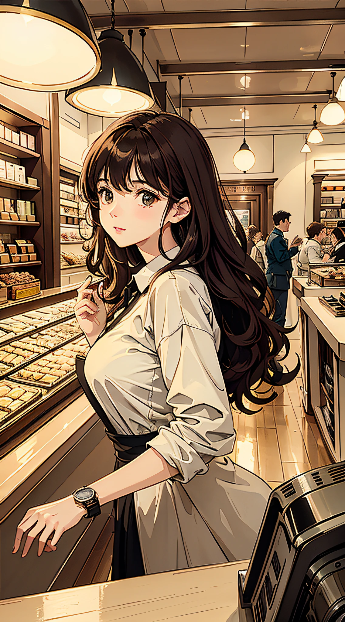 Watch shop, a wide counter, the counter and the wall are covered with watches, a girl with brown curly hair behind the counter, super beautiful indoor light effects, light reflection, soft, high-key, imposing, surreal colors, fantastic atmosphere 8K, diffuse, brilliance