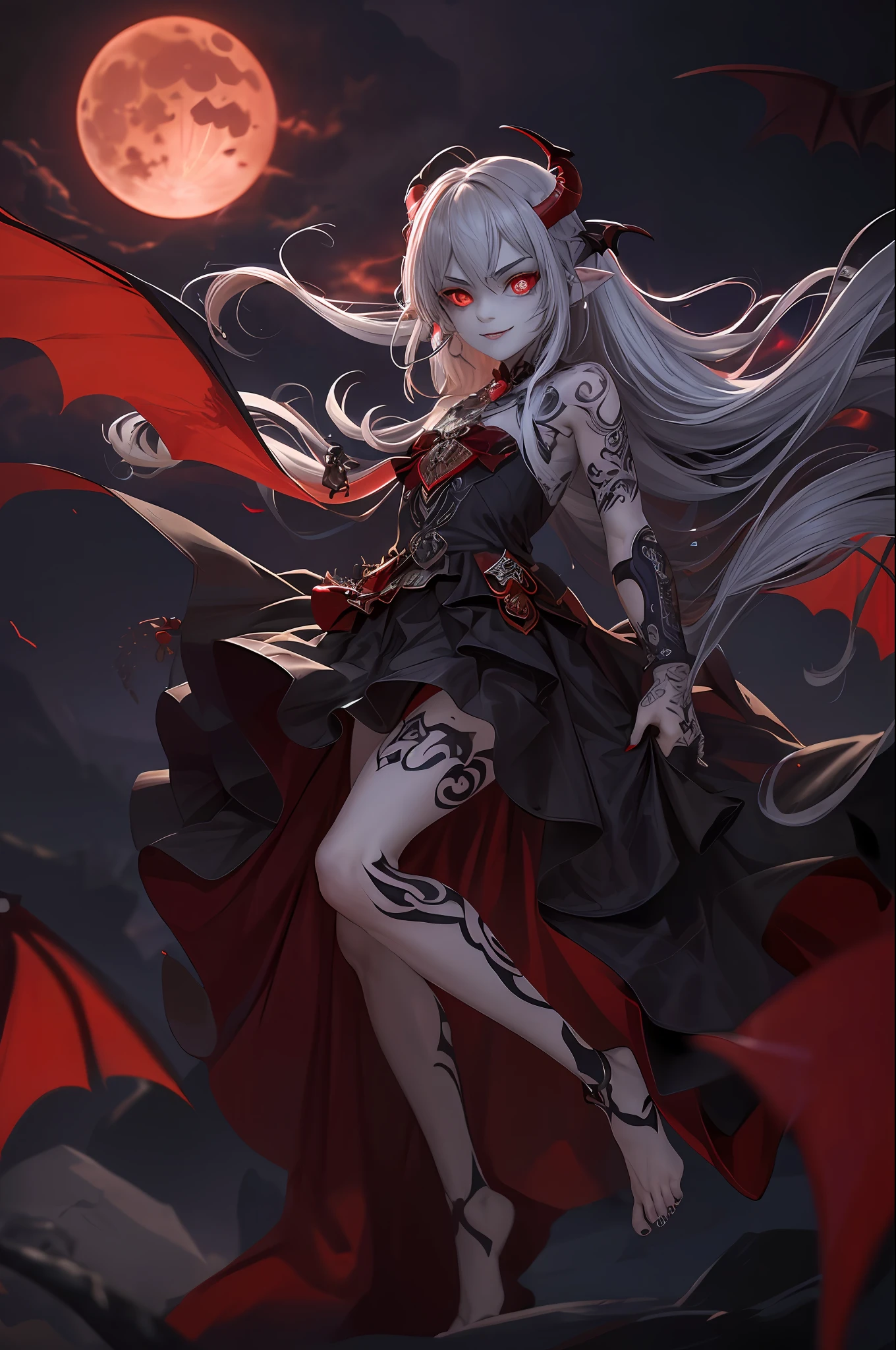 (Masterpiece: 1.2, highest quality), (Best lighting, very delicate and beautiful), (Best lighting, very delicate and beautiful), (Beautiful Detailed Face), (Detailed Eyes and Detailed Face: 1.2), Dark Fantasy, (Young Girl, Little Beast, 1girl, Solo, Crazy Smile, Pale Skin,Piercing,((tattoos all over the body,Tribal tattoos all over the legs)) gray hair, red glowing eyes, Dynamic Angle, Vampire), (Get Vampire Castle in the Background), (Red Moon, Red Sky), pointy_ears, Fangs, Ogre Wings, Demon Horns, Blood on Face, Blood Rain, Blood Mist, (Depth of Field), High Contrast, (Blood Splash: 1.4), Cowboy Shot, Full Body, Nightgown