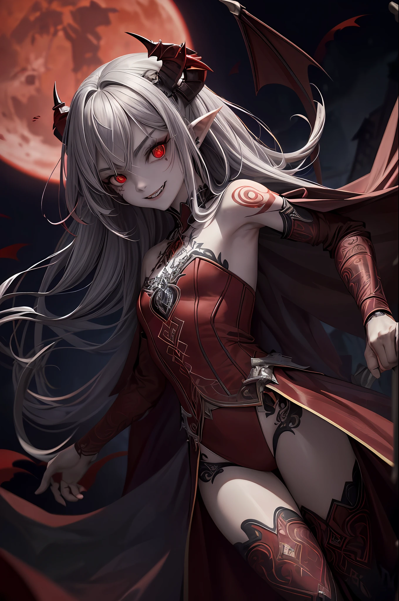 (Masterpiece: 1.2, highest quality), (Best lighting, very delicate and beautiful), (Best lighting, very delicate and beautiful), (Beautiful Detailed Face), (Detailed Eyes and Detailed Face: 1.2), Dark Fantasy, (Young Girl, Little Beast, 1girl, Solo, Crazy Smile, Pale Skin,Piercing,((tattoos all over the body,Tribal tattoos all over the legs)) gray hair, red glowing eyes, Dynamic Angle, Vampire), (Get Vampire Castle in the Background), (Red Moon, Red Sky), pointy_ears, Fangs, Ogre Wings, Demon Horns, Blood on Face, Blood Rain, Blood Mist, (Depth of Field), High Contrast, (Blood Splash: 1.4), Cowboy Shot, Full Body, Nightgown