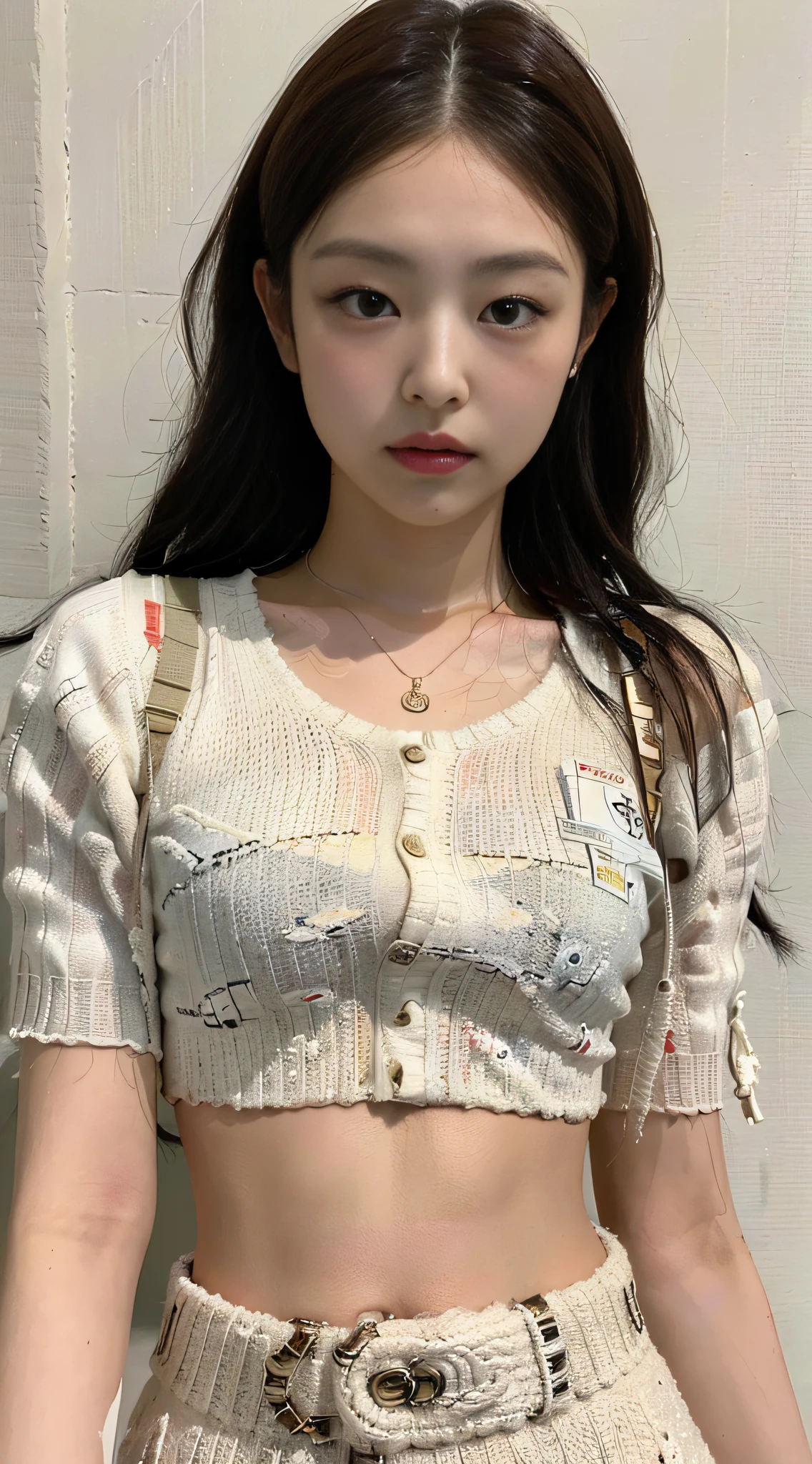 (1girl:1.3), solo, __body-parts__, Kim Ji-ni Jennie face, hot girl style, top cropped waistless vintage T-shirt, khaki knit shorts, 16k resolution image,