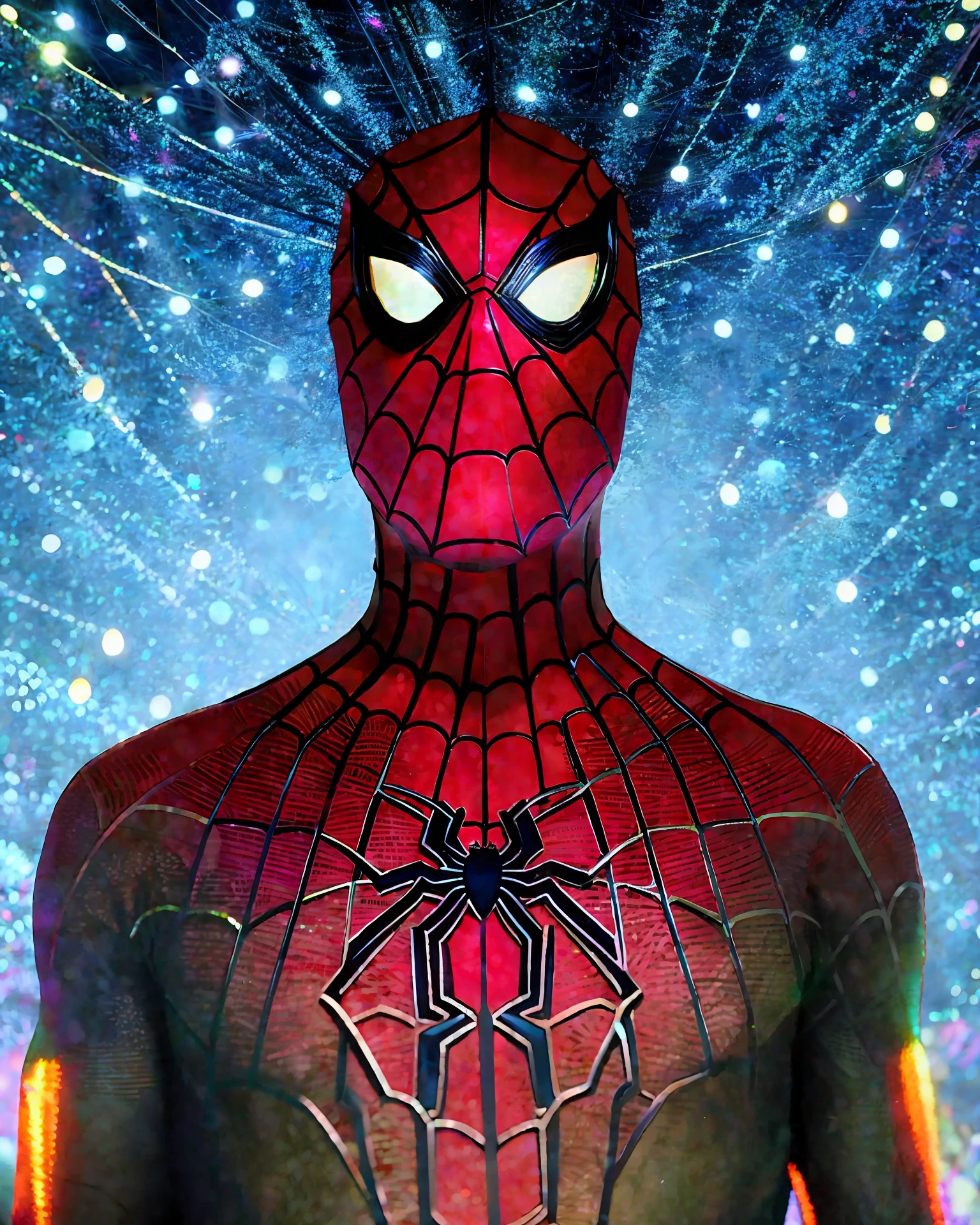 dramatic dynamic portrait of Spider-Man covered by intricate floral bioluminescent spider web filigree, misty fantasy forest environment, bokeh ✨