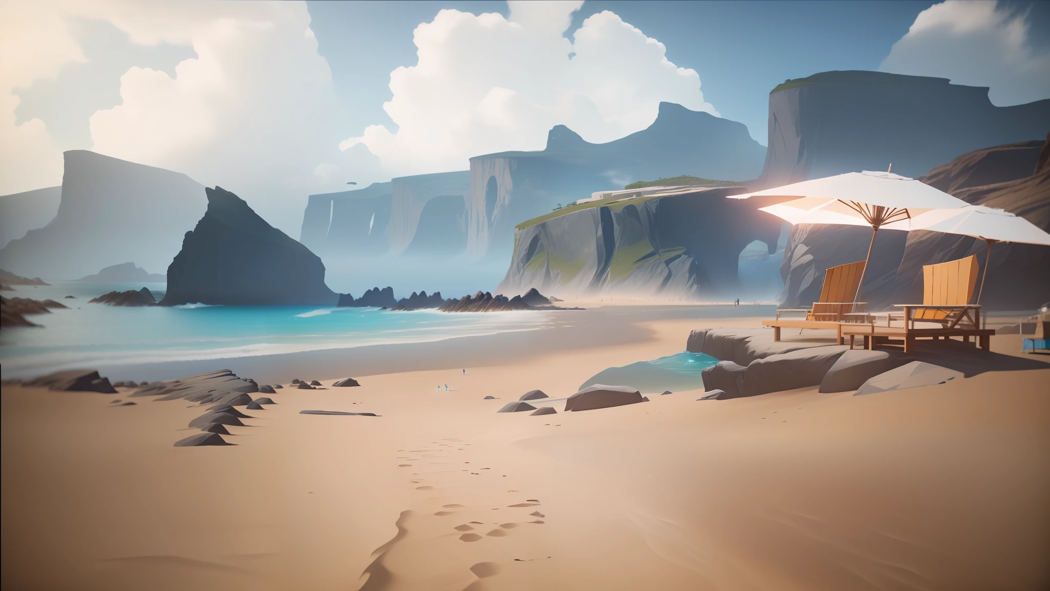 "An incredible Fortnite-style landscape with crystal clear water, rocky coastline, dramatic skies and futuristic architecture in the background." There is an image of a beach, Summer Unreal Engine 5, playable trailer, realistic shaders, realistic epic shaders, ultra realistic 8k octan photo, very detailed cinematic, video game still, Unreal Engine. Retro movie still, is relaxing on a beach, unreal engine smooth cinematic, cinematic cinematic in the game