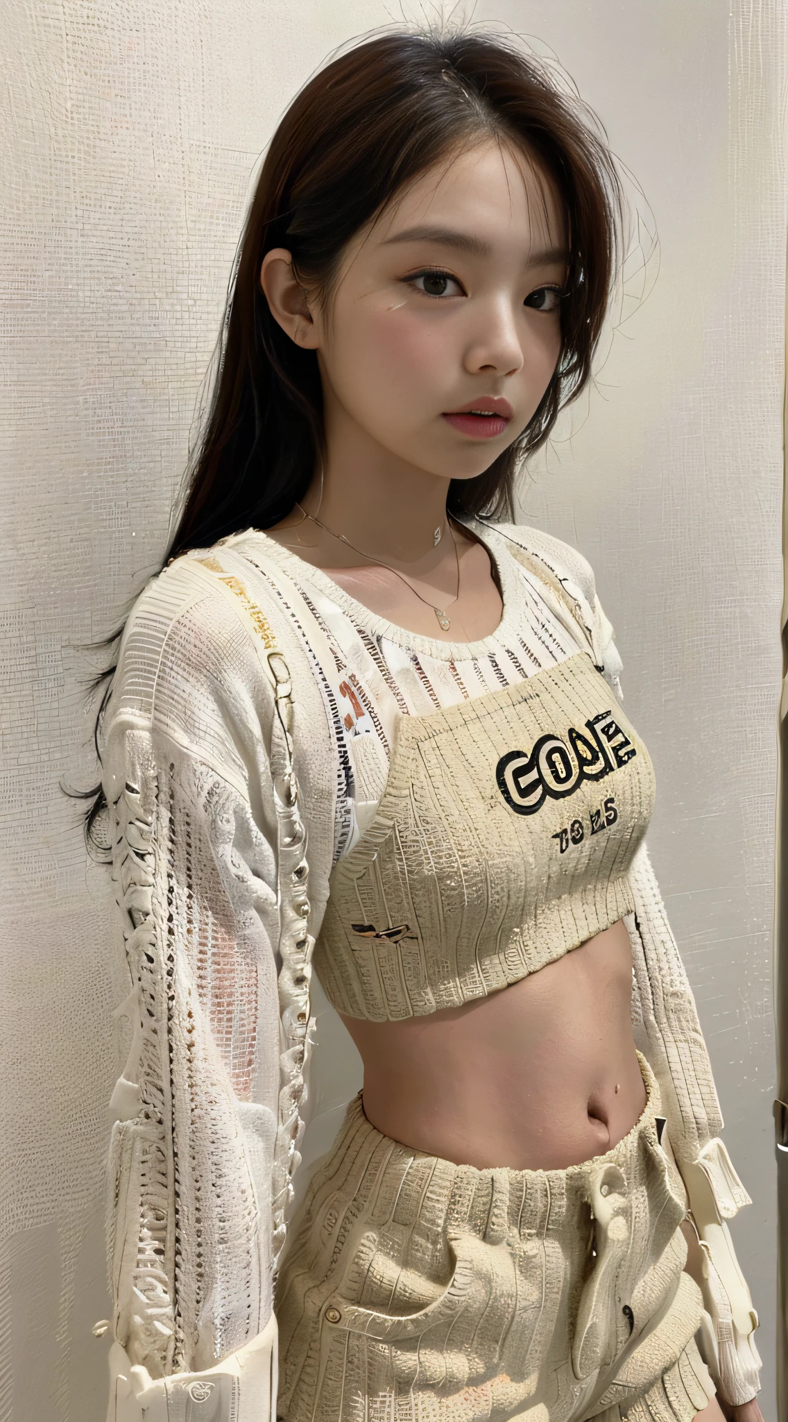(1girl:1.3), solo, __body-parts__, Kim Ji-ni Jennie face, hot girl style, top cropped waistless vintage T-shirt, khaki knit shorts, 16k resolution image,