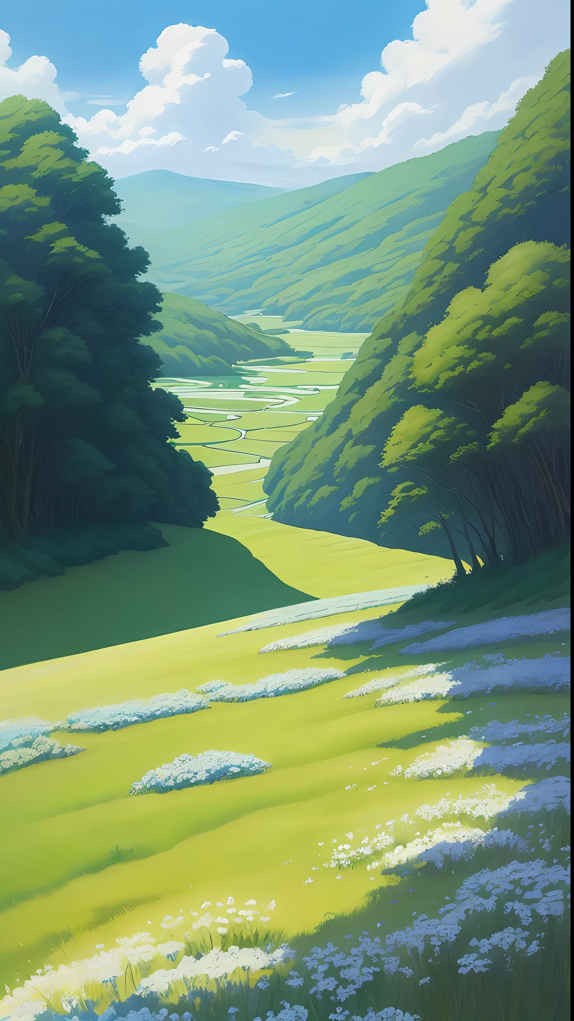 Realistic, authentic, beautiful and amazing landscape oil painting Studio Ghibli Hayao Miyazaki's petal grassland with blue sky and white clouds --v6