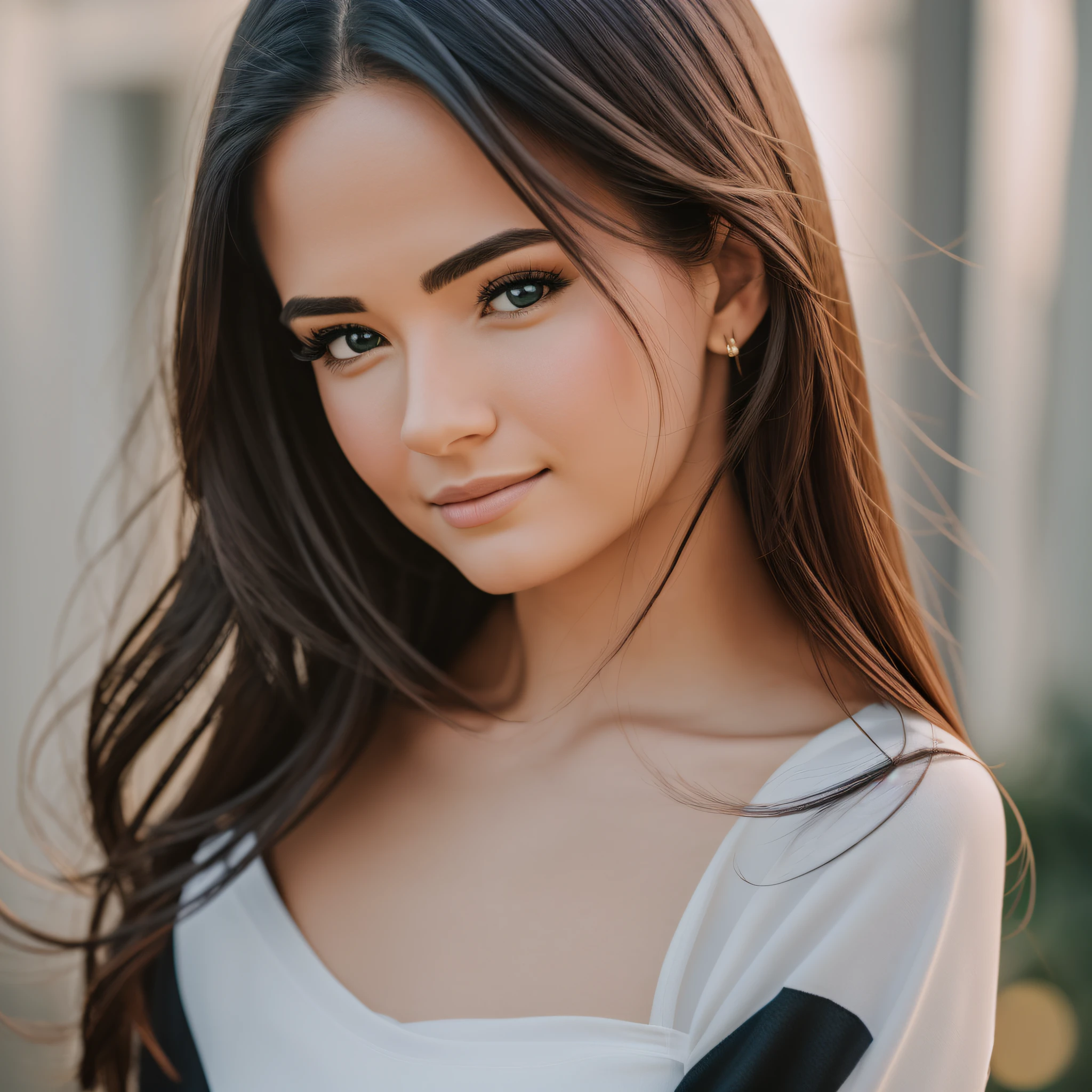 Portrait of an elegant and perfect young woman in her 30s, front view, in simple and elegant casual clothing, full vision, cinematic lighting, insanely detailed and intricate, realistic, ultra high definition, 8k, detailed, shot on 70 mm lens, depth of field, DOF, tilt blur, shutter speed 1/1000, F/22, white balance --auto --s2