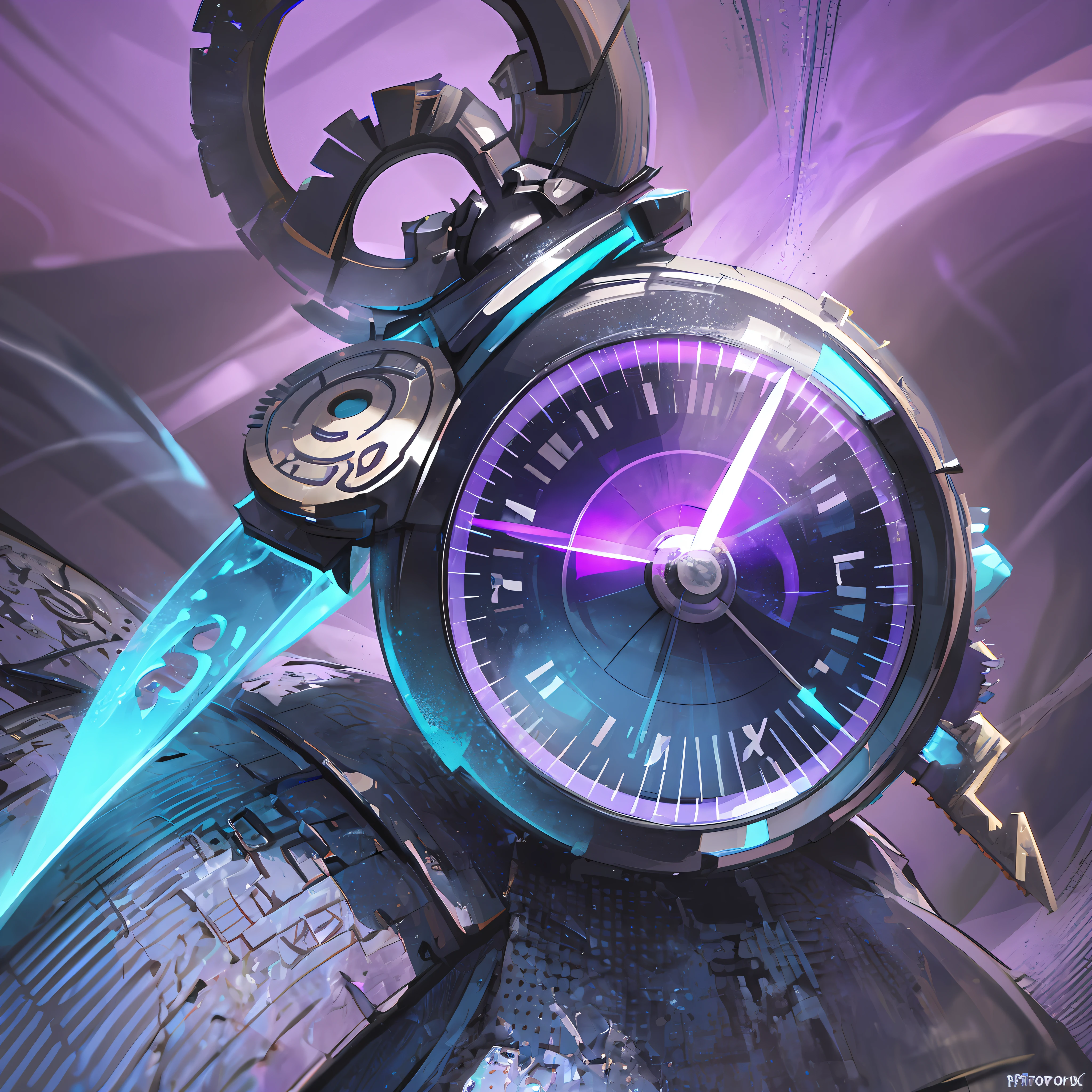 An ancient fantasy key that looks like a stopwatch with cracks that glow purple close up very detailed which looks like it holds great primordial power and its glowing cyan stopwatch