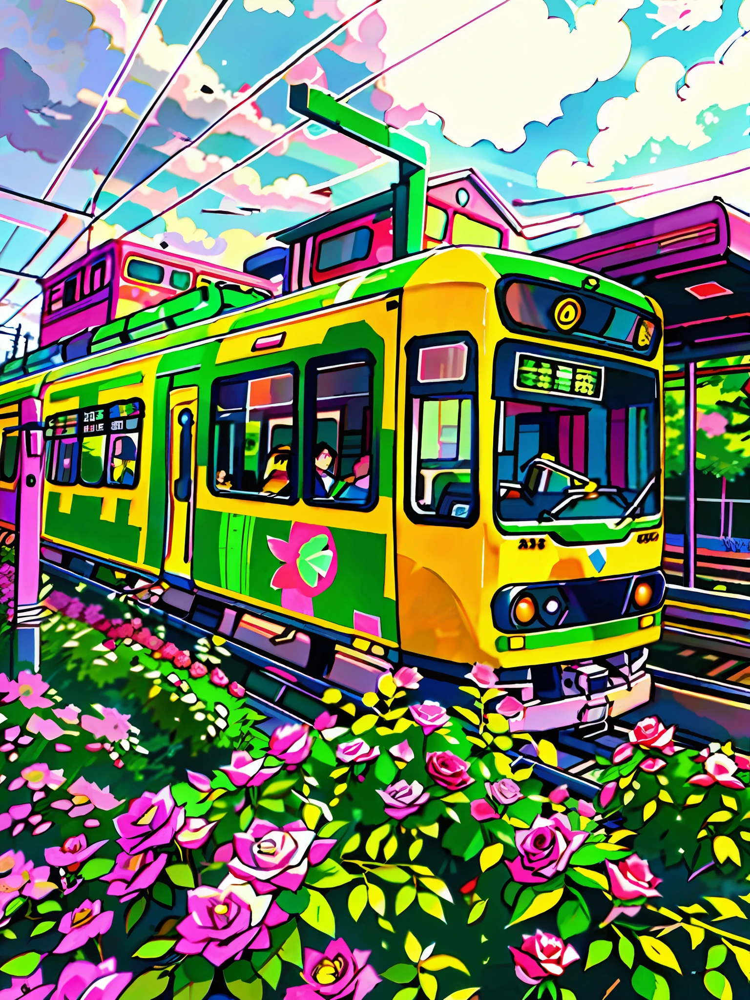 colorful train surrounded by roses, Arakawa line, tram, lofi, retro style, cartoon style,