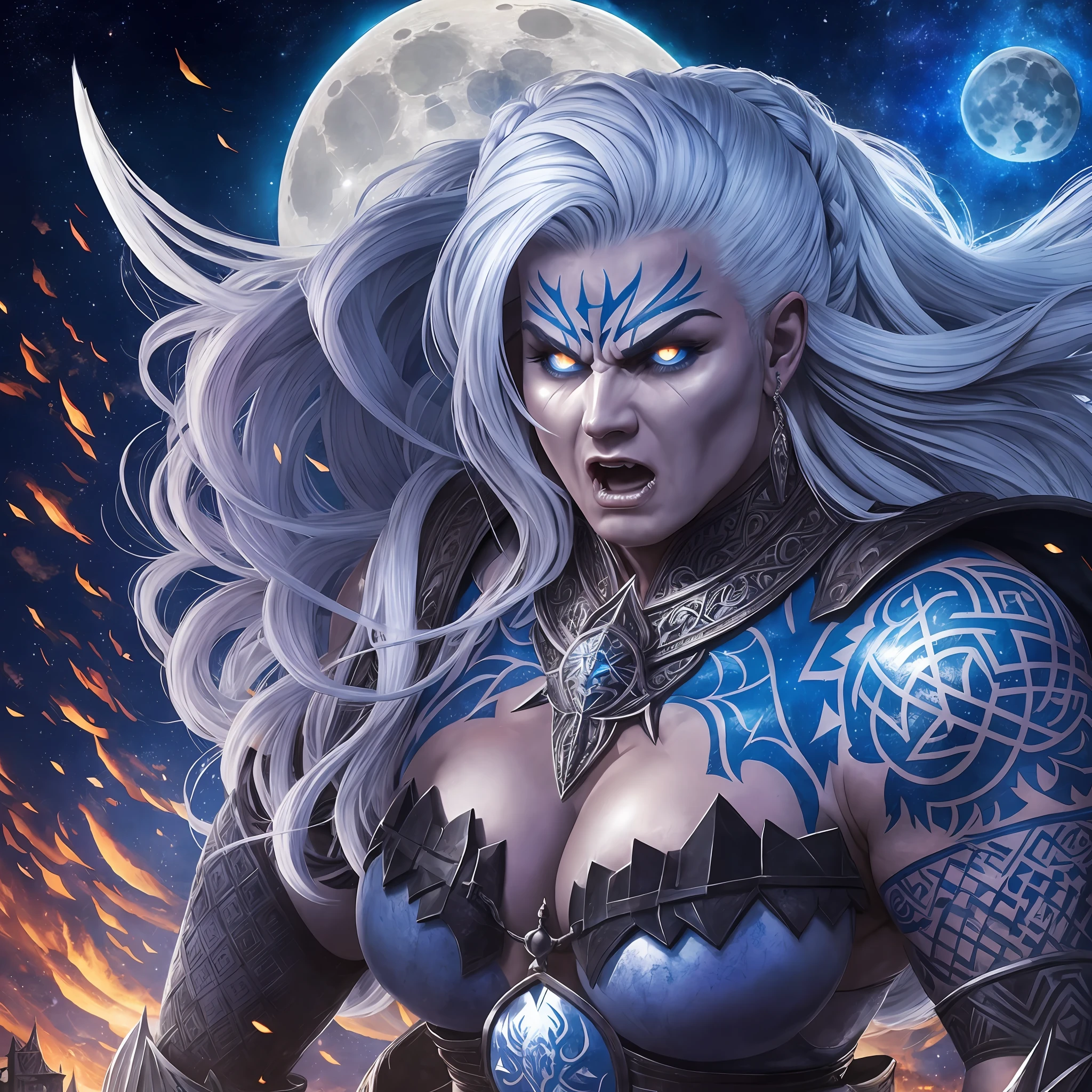 Medieval Castle Village, Gigantic Muscle woman, Shaved White Hair, , BLUE Shiny Tattoos, Anger, Anger, Berserk, Power, Screaming, Destroying Night Sky, Full Moon, Realistic, Full HD, Best Quality