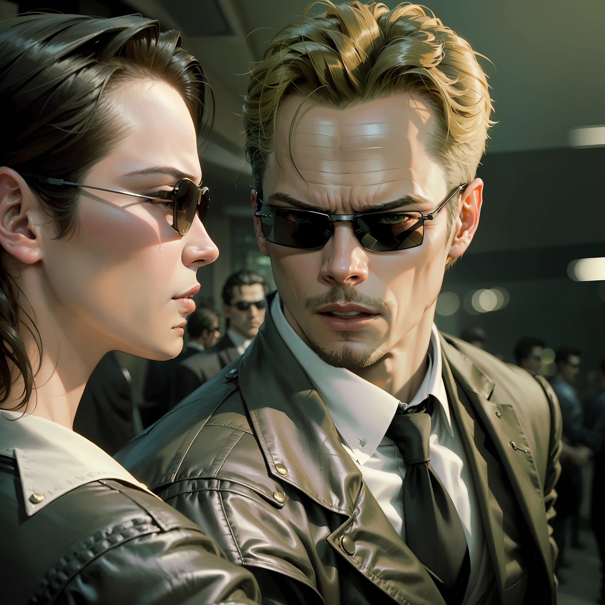 ((best quality)), ((masterpiece)), (detailed) fan art of (neo from the matix) head, ((neo from matrix face)) looking away, keanu reaves, the matrix (1999), sunglasses, night, 80mm, ((western animation)), (neo the matrix (1999)), (short hair), (tokyo street nights), ((back of the head)), ((profile))