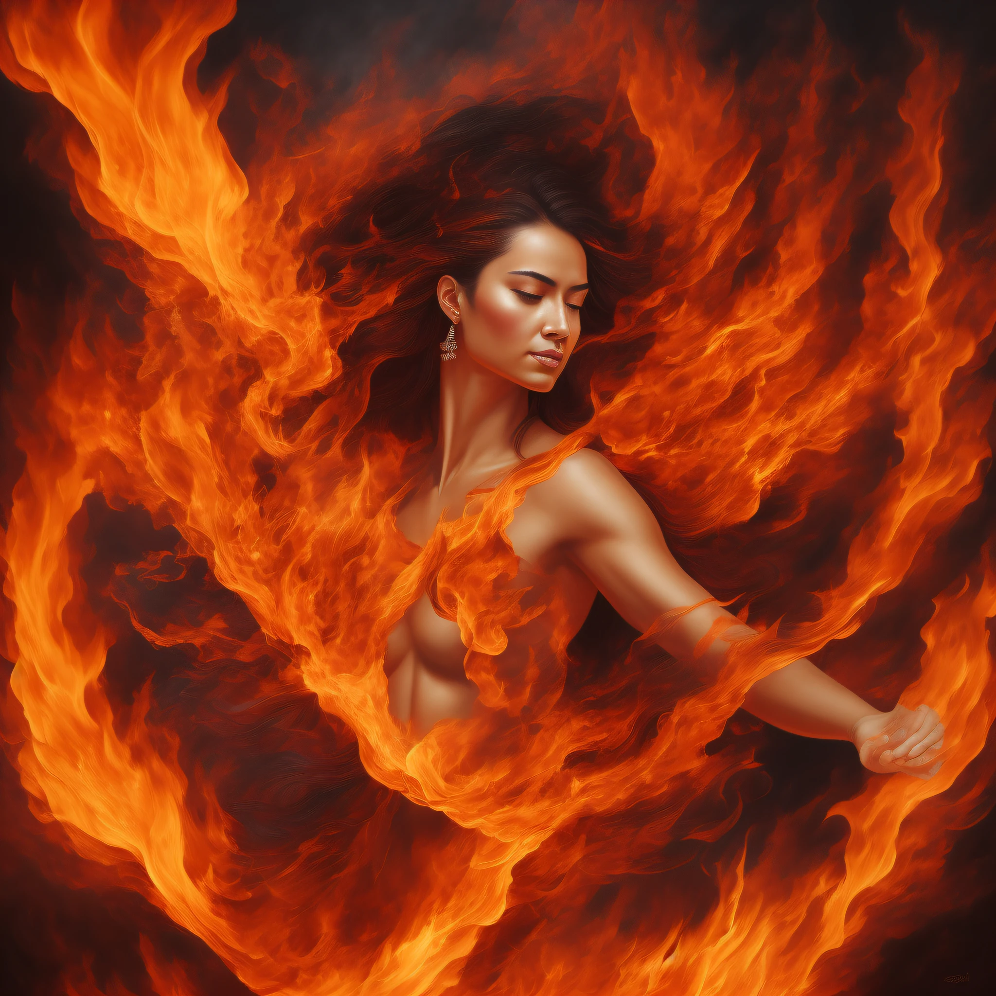 Since ancient times, fire spirits have been depicted as presiding over fire and embodying the power of fire. In this painting, a beautiful woman is represented as a fire spirit. She appears peaceful and serene despite being in the midst of the fire. Her hand is outstretched as if grasping a flame, and the flame becomes a red flame that envelops the spirit's body. This painting symbolizes the power and beauty of the fire spirit and expresses respect for the energy of fire. photorealistic, masterpiece, top quality, ultra detailed, HDR, 8K