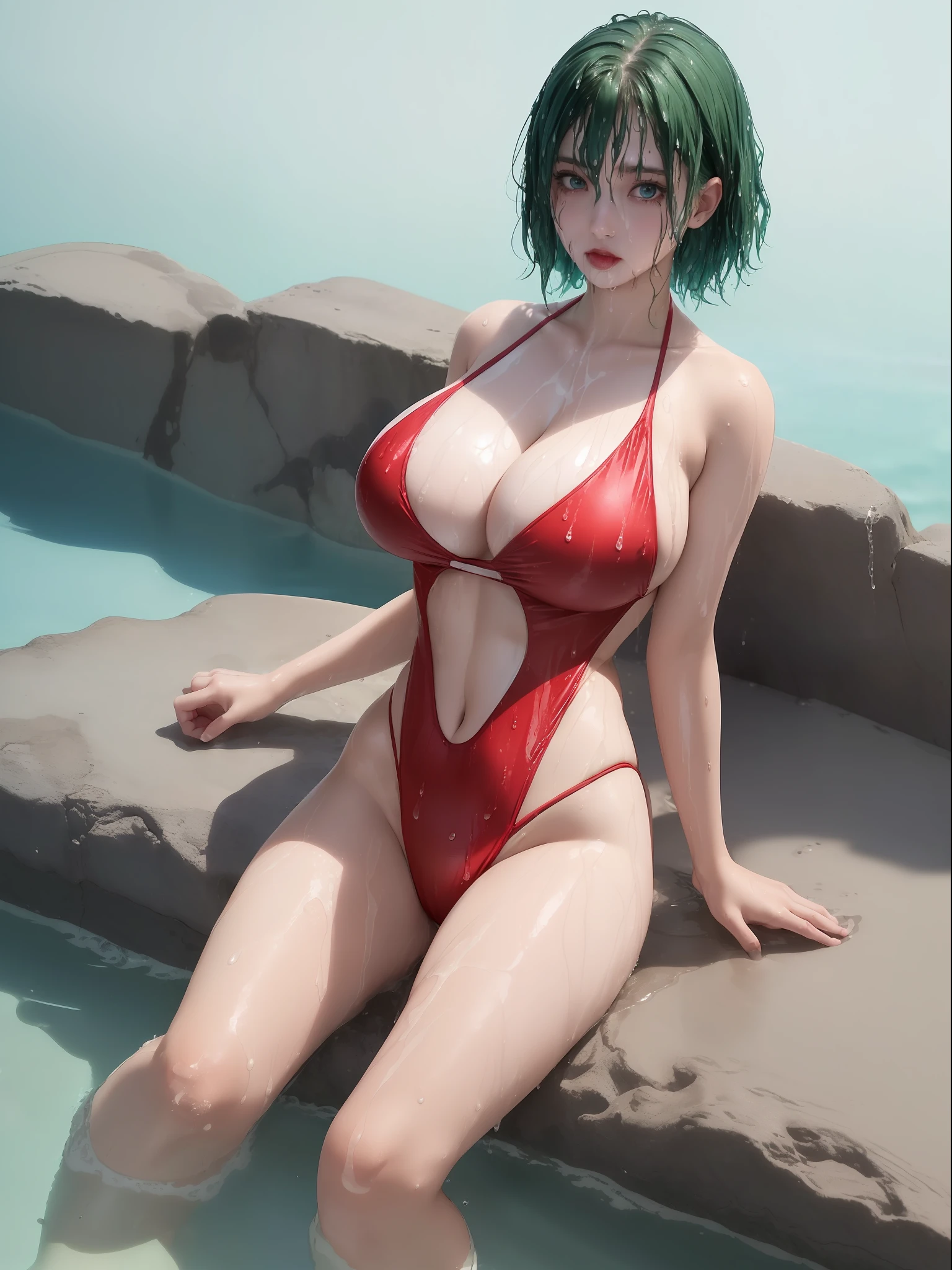 (Full body image:1.4), (A Laura,Female:1.5), (Big breasts:1.5). Wearing (red swimsuit with white extremely small:1.3), looking at viewer, smiling. (She is in a city at night raining heavily and thundering: 1.5). She has (short green hair:1.3), (light blue eyes::1.3), is striking an exhibitionist pose, her attire is (extremely tight on her body:1.4), (making sexy poses:1.1), (body/hair /extremely wet:1.4), anime, 16k, award-winning, high quality, high details, masterpiece, UHD.