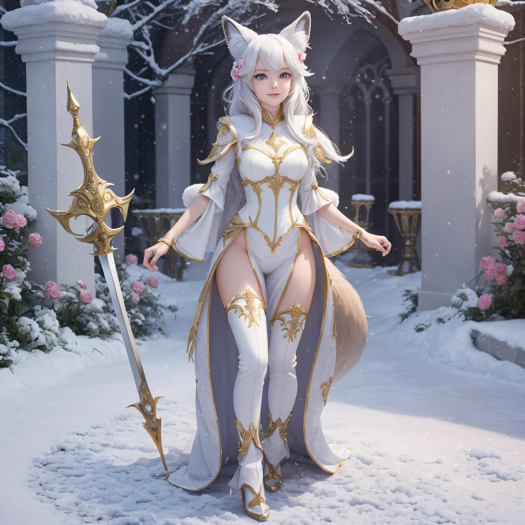 an adult fox girl, with realistic seductive aspect, beautiful + cute snow white, big bright eyes, sweet smile, sweet smile, sweet smile, dressed as a fashion model, wearing a golden crystal texture fashion suit, helmet and sword, fluffy snow white, big bright eyes, standing, fluffy tail, winter rising, flowers and gently flowing snow, Extremely detailed 3D animation rendering symmetrical center position, super realistic, super detailed, luxurious, 3, movie lights, super clear details, super transparent materials, full body view, from head to toe, complex texture, octane rendering, zbrush, 8k, ureal super realistic --auto --s2