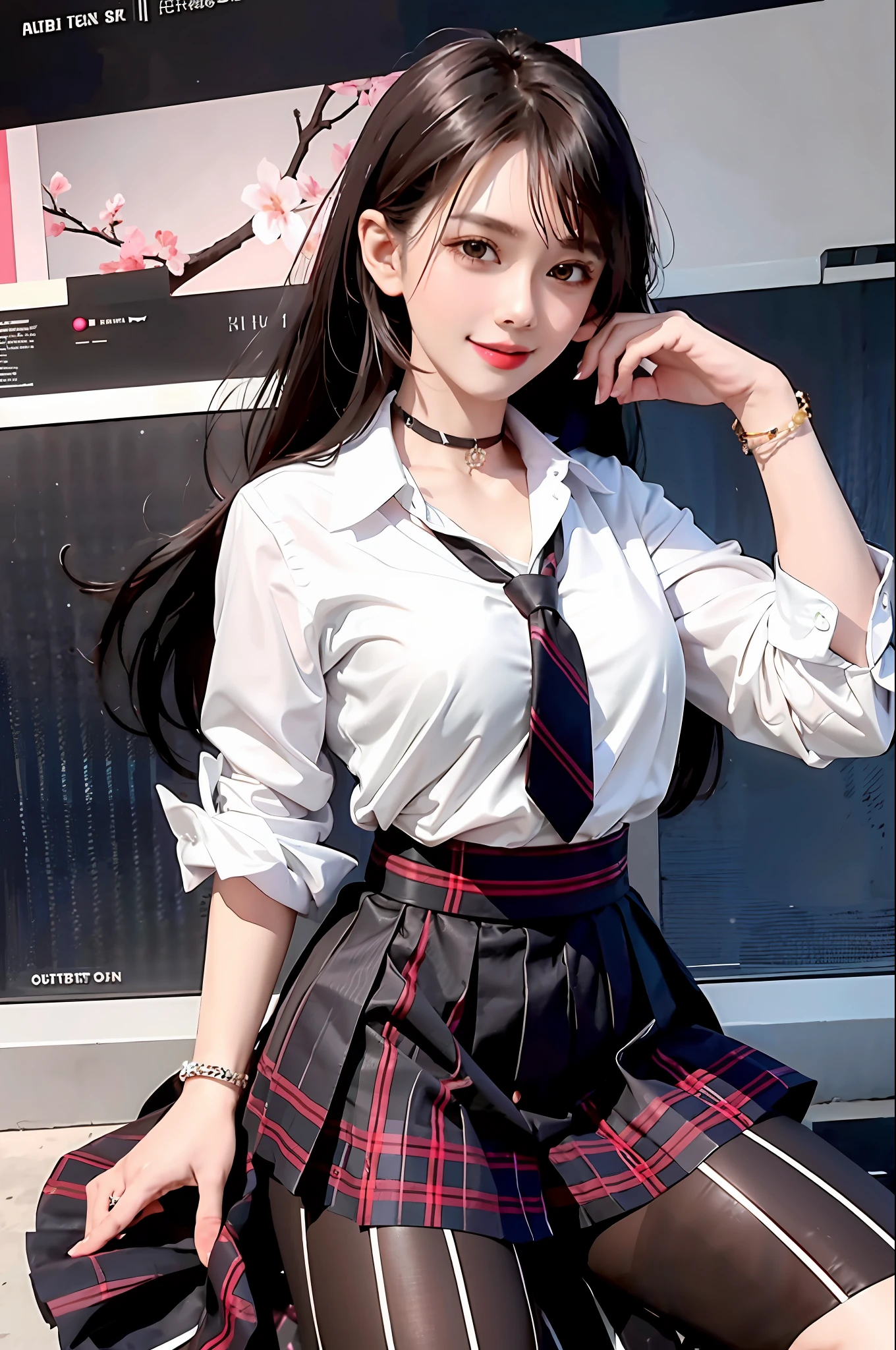 masterpiece, best quality, full body, 1girl, bangs, black choker, black necktie, black hair, blue skirt, blush, bracelet, breasts, choker, clothes around waist, collarbone, collared shirt, cowboy shot, dress shirt, ear piercing, eyebrows visible through hair, gradient hair, grin, gyaru, jewelry, kogal, long hair, looking at viewer, loose necktie, necktie, piercing, plaid, plaid skirt, pleated skirt, red eyes, ring, school uniform, shirt, skirt, smile, solo, white shirt, street, sky, cherry blossoms, petals,illustration, (magazine:1.3), (cover-style:1.3), fashionable, woman, vibrant, outfit, posing, front, colorful, dynamic, background, elements, confident, expression, holding, statement, accessory, majestic, coiled, around, touch, scene, text, cover, bold, attention-grabbing, title, stylish, font, catchy, headline, larger, striking, modern, trendy, focus, fashion,