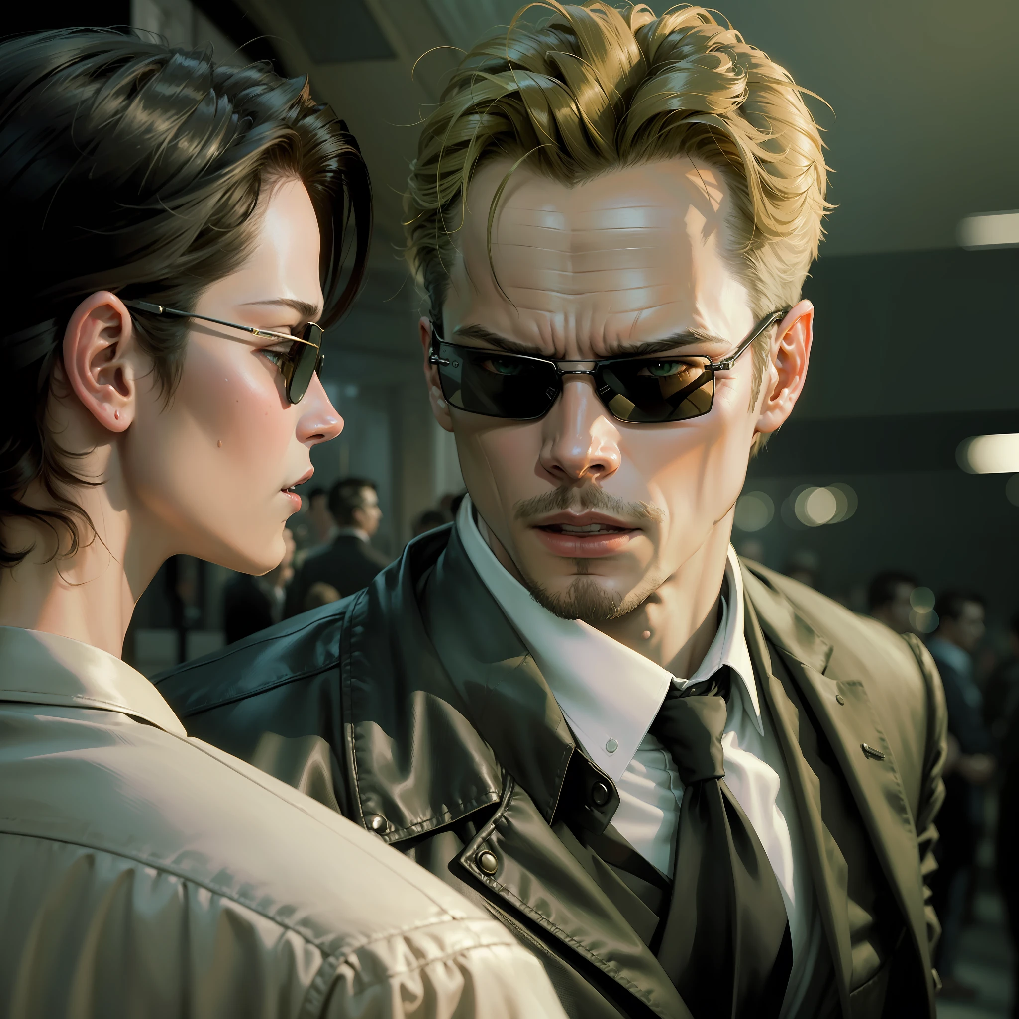 ((best quality)), ((masterpiece)), (detailed) fan art of (neo from the matix) head, ((neo from matrix face)) looking away, keanu reaves, the matrix (1999), sunglasses, night, 80mm, ((western animation)), (neo the matrix (1999)), (short hair), (tokyo street nights), ((back of the head)), ((profile))