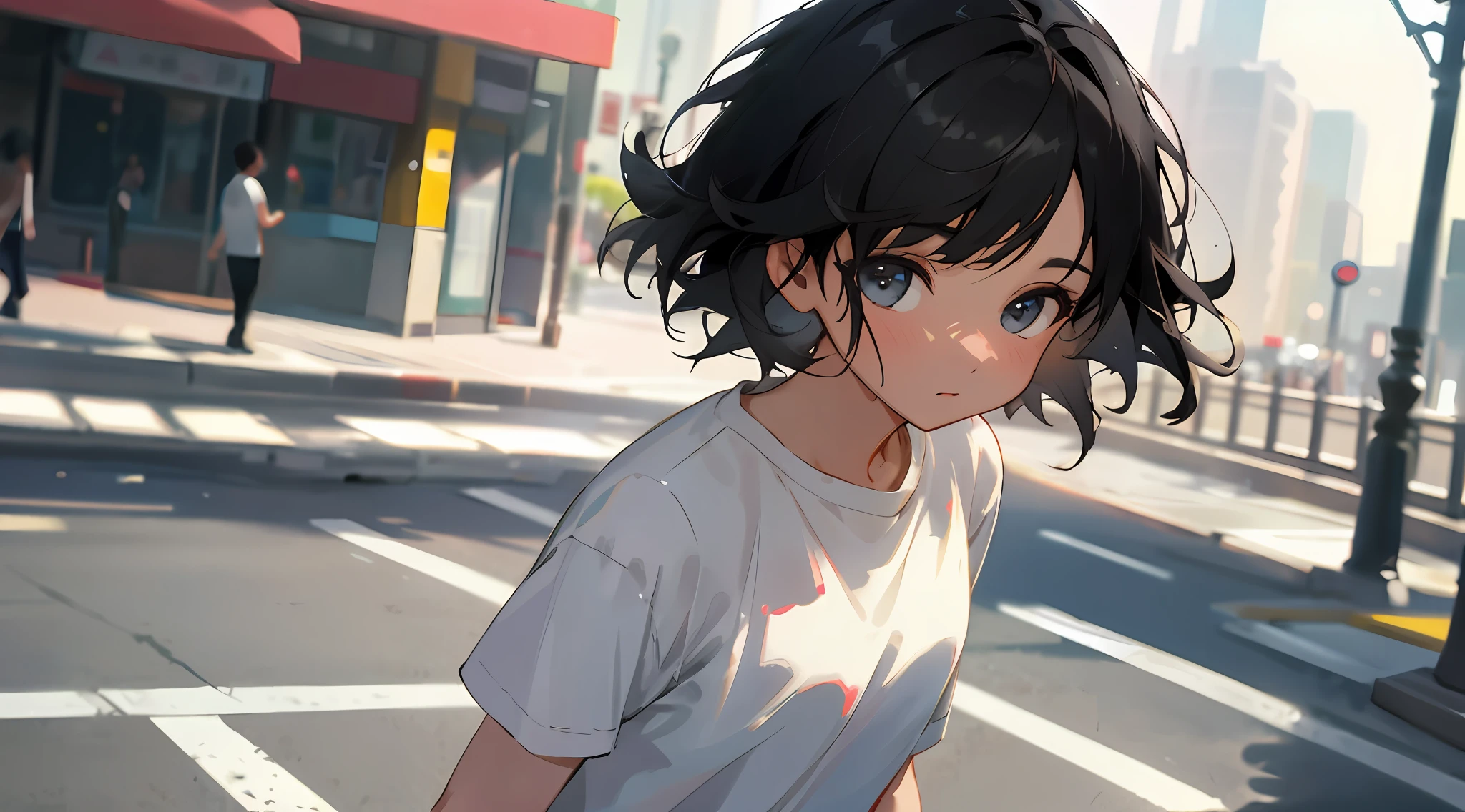 Long Shot, Medium Shot, Depth of Field, Bust, Upper Body, Cinematic Angle, Masterpiece, Best Quality, Ultra Detailed, CG, 8K Wallpaper, Beautiful Face, Delicate Eyes, A Maiden, Solo, Short Black Hair, Short Sleeves, Shorts, Sneakers, Walking in City Streets, Casual, Daytime, City Streets, Spacious Streets