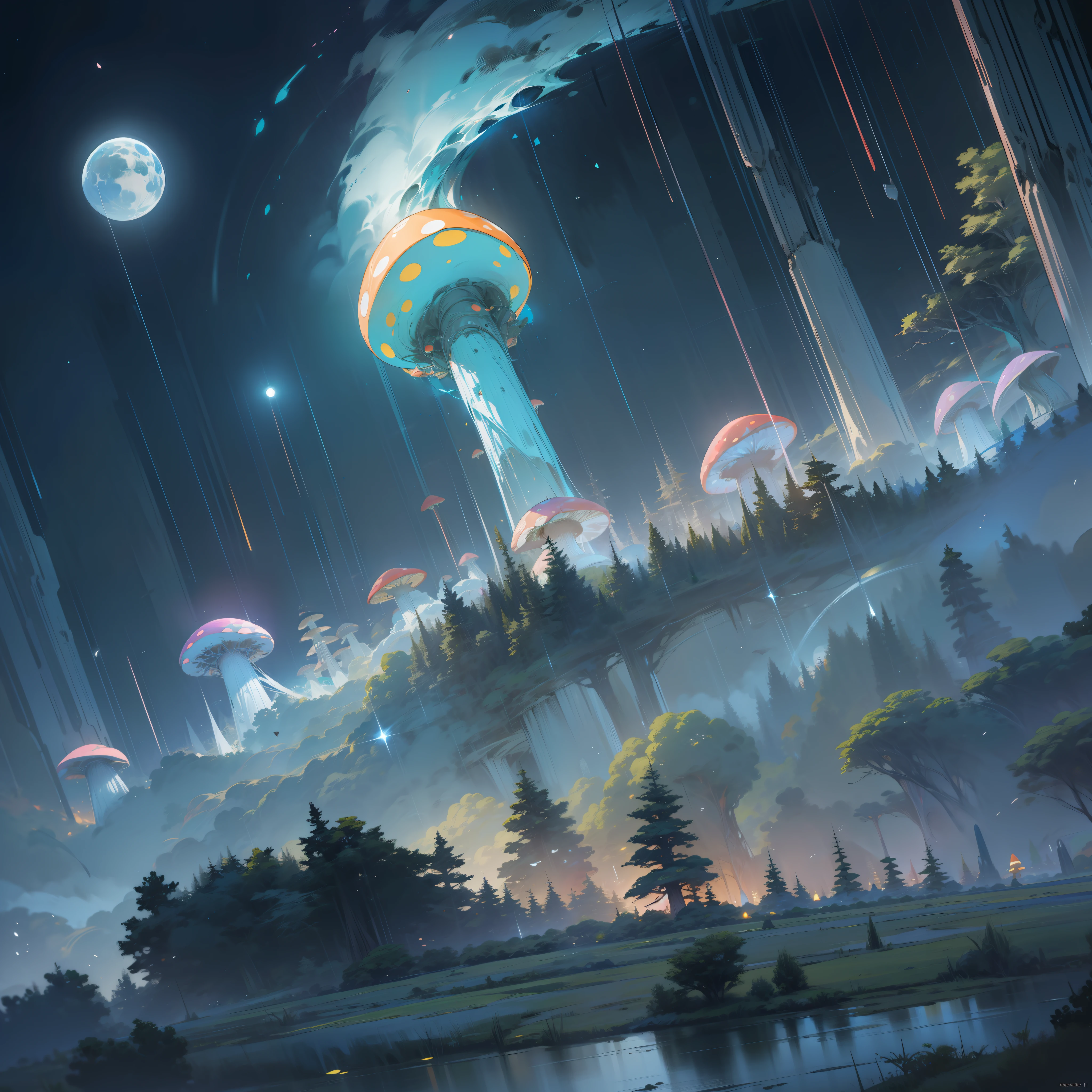 (Masterpiece, High Quality: 1.4), Forest, Tall Mushroom, Futurity, Sci-Fi, Glowing Plants, Animals in the Air, Distant Mountains, Rivers, Blue Sky, Light Effects, Two Moons, Cinema 4D, Microsoft Style, Translucent Effects, 8k, 64K, HD, Unbeatable Masterpieces, Dynamic Lighting, Movies, Epics, Digital Art of the Highest Quality