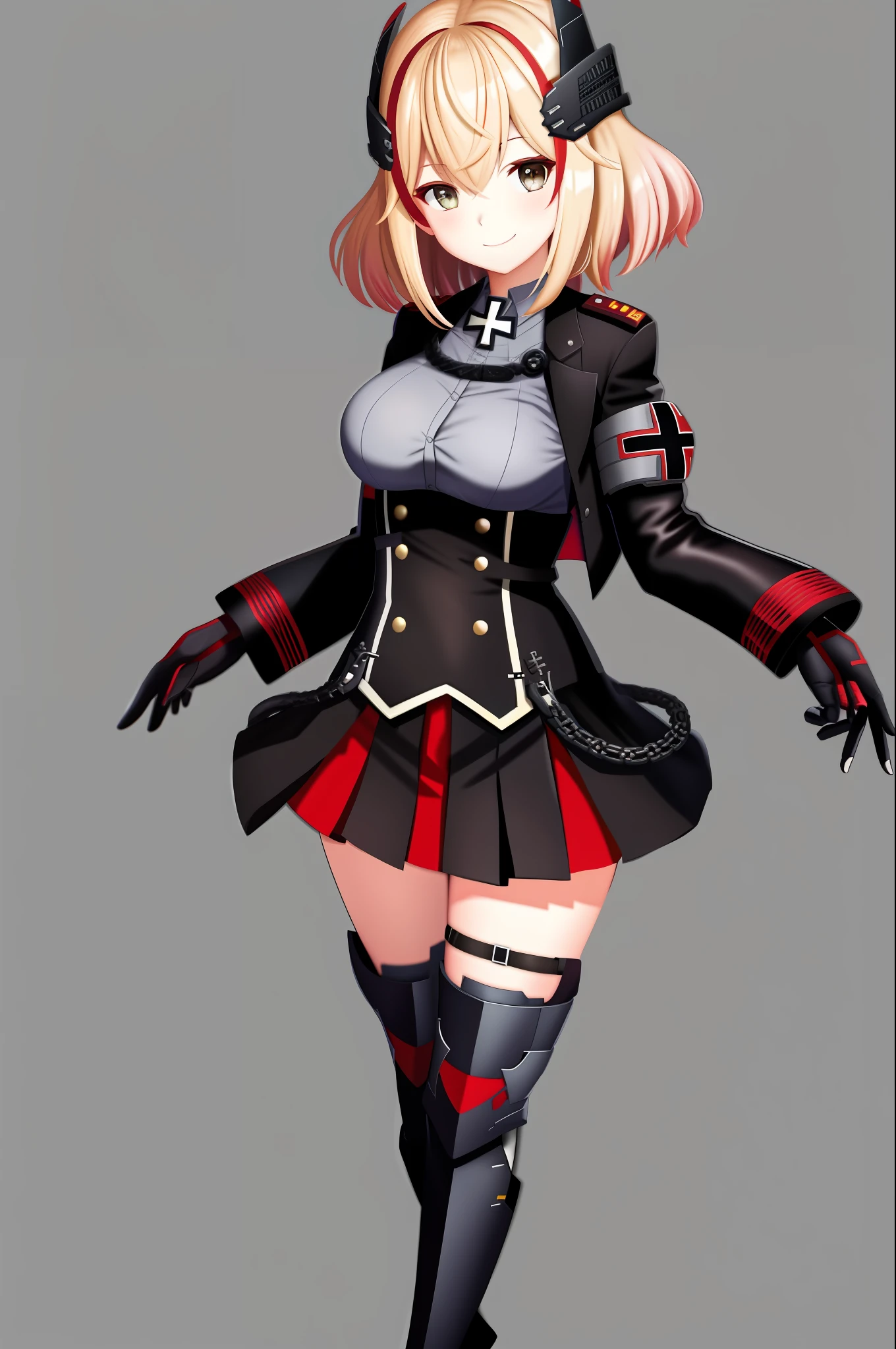 masterpiece, best quality, RoonV4, 1girl, solo, looking at viewer, smile, skirt, shirt, gloves, long sleeves, closed mouth, standing, jacket, upperbody, sidelocks, pleated skirt, boots, black gloves, collared shirt, miniskirt, black skirt, black footwear, black jacket, buttons, headgear, knee boots, cross, armband, grey shirt, cropped jacket, iron cross, 8k, super detail, ccurate, best quality
