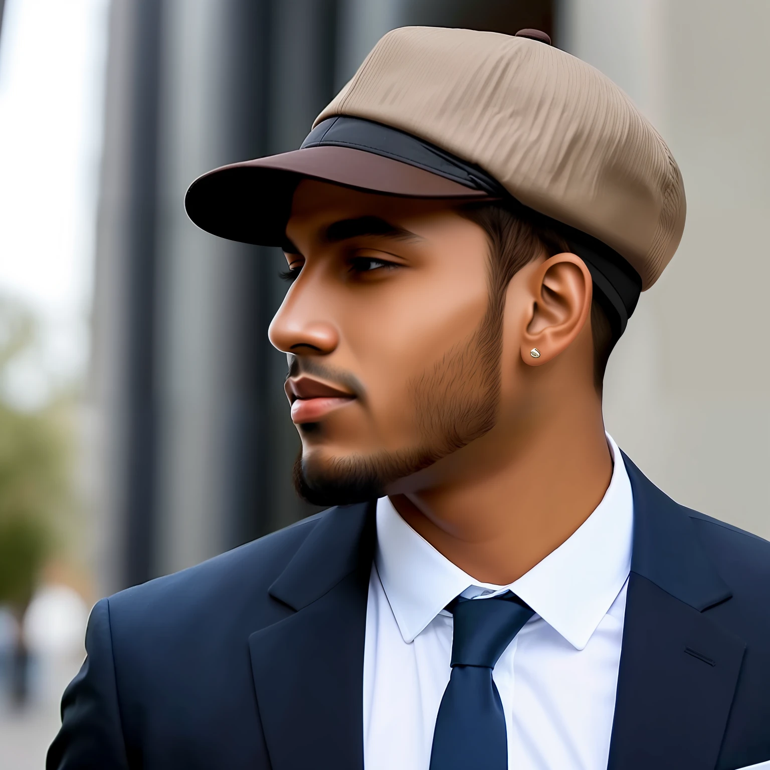 A profile picture of a brown young man wearing a suit and a cap