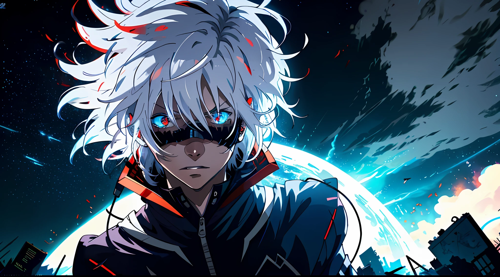Anime humanoid monster, character design,wearing a futuristic mouth mask, serious face,boy,maniac,deranged look,messy unkept hair,hair covering right eye, vibrant eye color,red and blue eyes,(white hair), close up shot, creating a crack in reality, powerful aura, destroyed city, very dark,night,8k,64k, HD, unparalleled masterpiece, dynamic lighting, cinematic, epic Highest quality digital art, Stunning art, wallpaper 4k