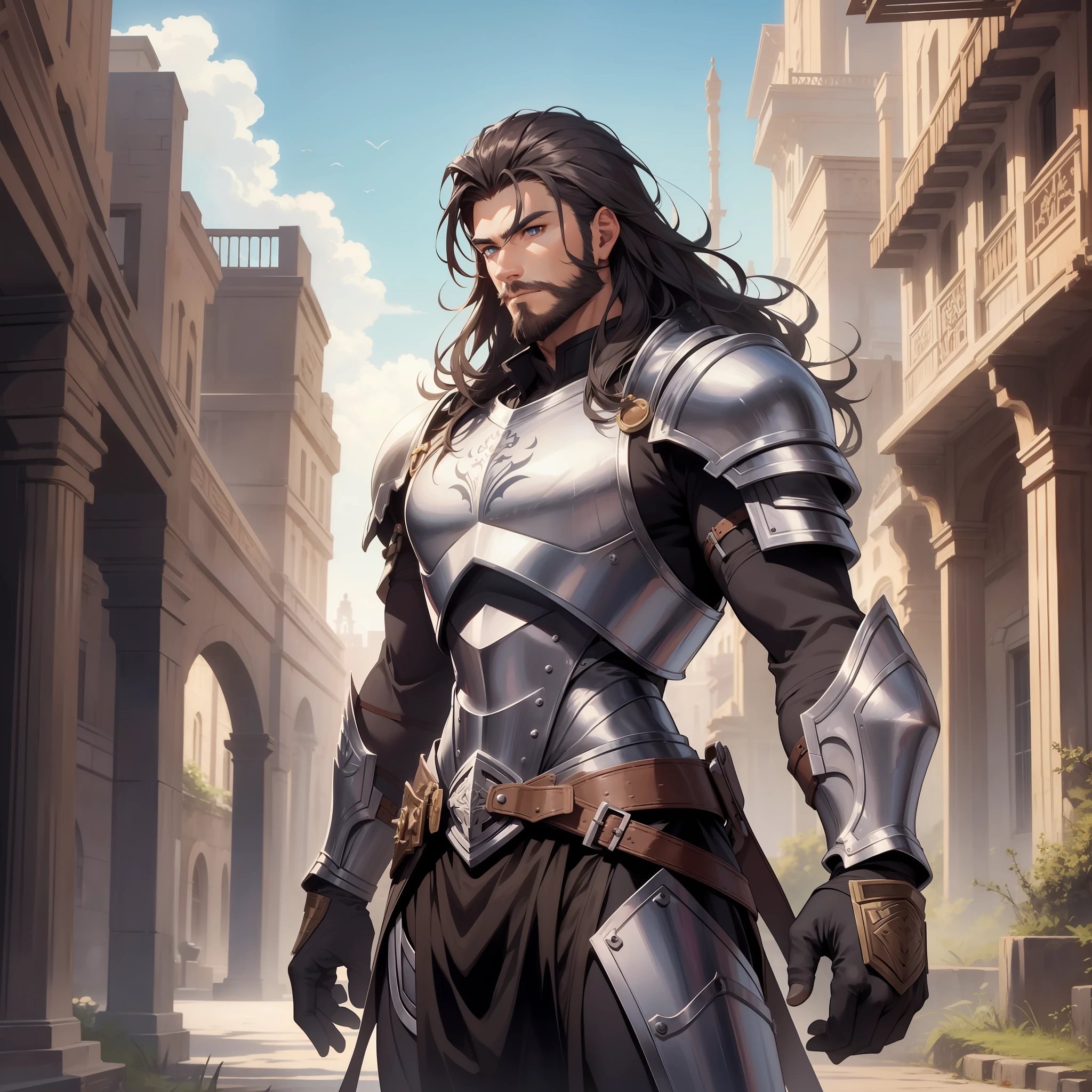 A gorgeous warrior man in armor with a beautiful face, a well-defined short beard, and long, silky hair;