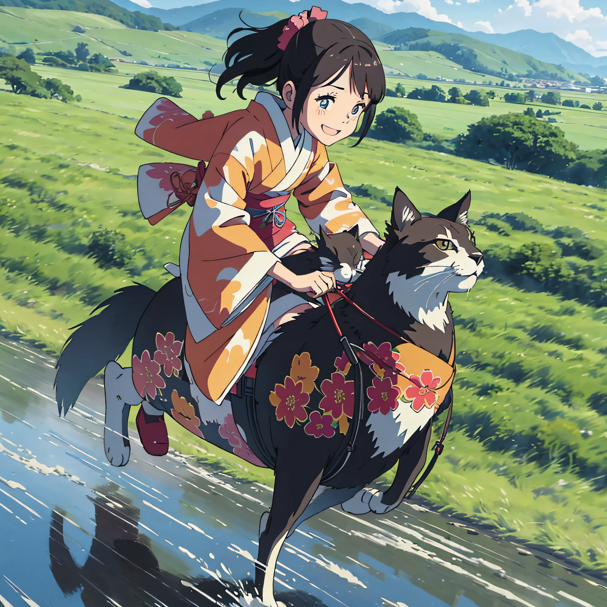 A happy looking girl in a kimono riding a big cat and running through the grassland. Jump over puddles, ground threaded angle