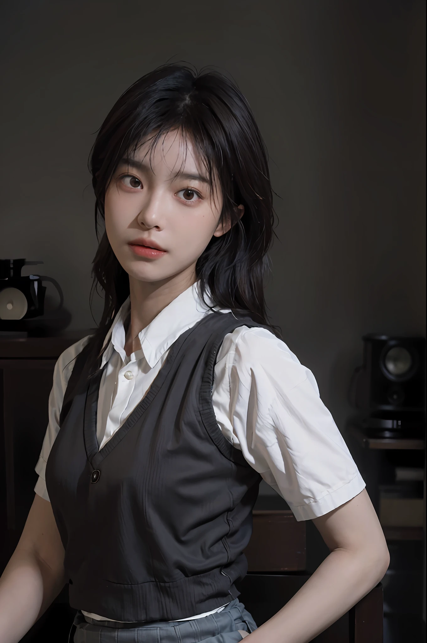 8K, Best Quality, Masterpiece, Ultra High Resolution, (Realism: 1.4), Original Photo, (Realistic Skin Texture: 1.3), (Film Grain: 1.3), 1 Girl, Beautiful Eyes and Face Details, Masterpiece, Best Quality, Close-up, Full Body, Photo, Short Brown Hair, Black Vest with Gray Pleated Skirt.