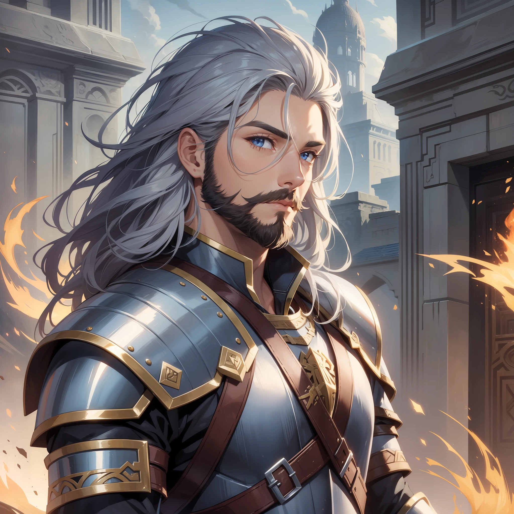 A gorgeous warrior man in armor with a beautiful face, a well-defined short beard, and long, silky hair;
