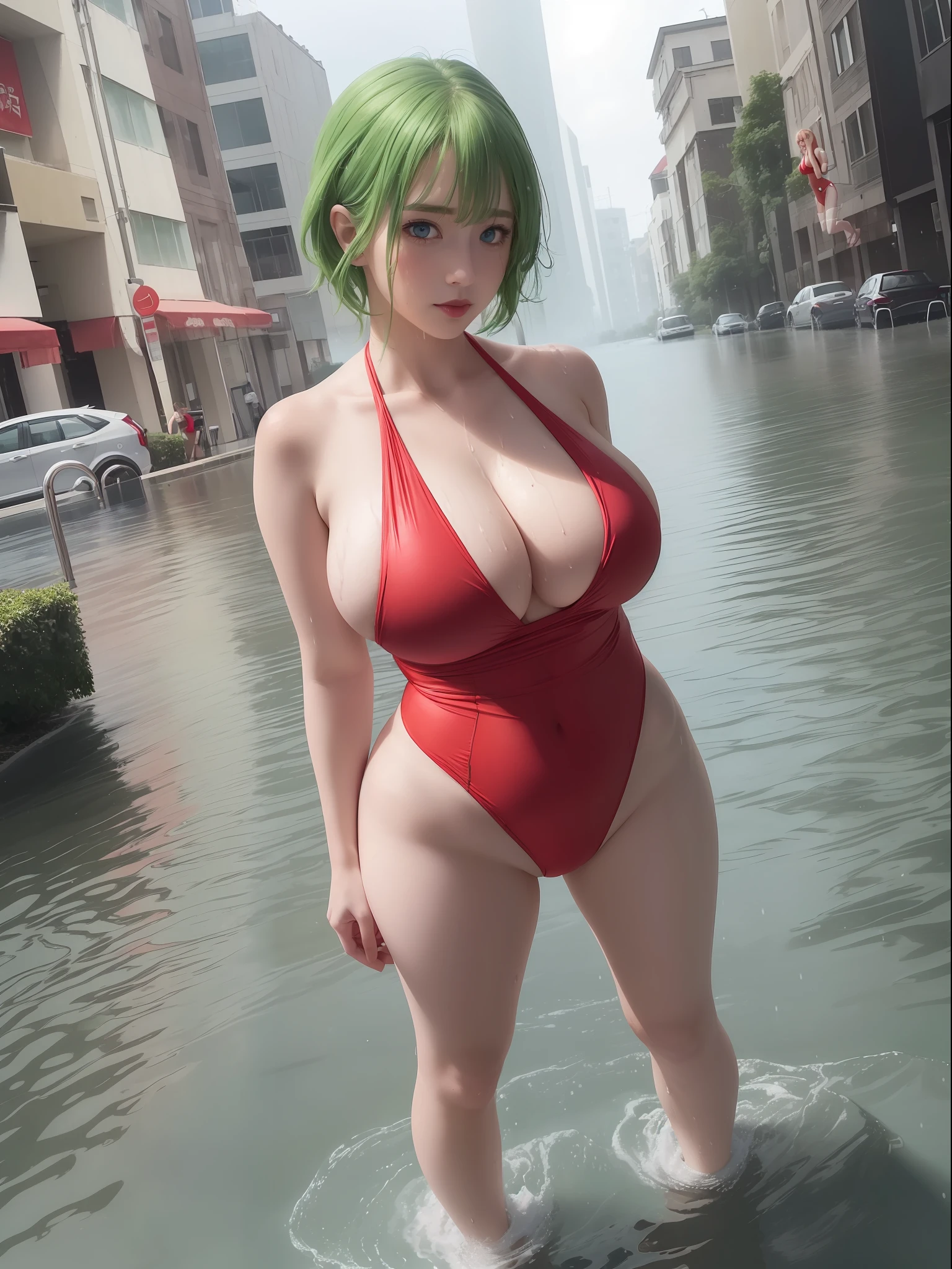 (Full body image:1.4), (A Laura,Female:1.5), (Big breasts:1.5). Wearing (red swimsuit with white extremely small:1.3), looking at viewer, smiling. ((She is in a city at night raining heavily and thundering)). She has (short green hair:1.3), (light blue eyes:1.3), is striking an exhibitionist pose, her attire is (extremely tight on her body:1.4), (making sexy standing poses:1.1), (body/ hair/extremely wet:1.1), anime, 16k, award-winning, high quality, high details, masterpiece, UHD.